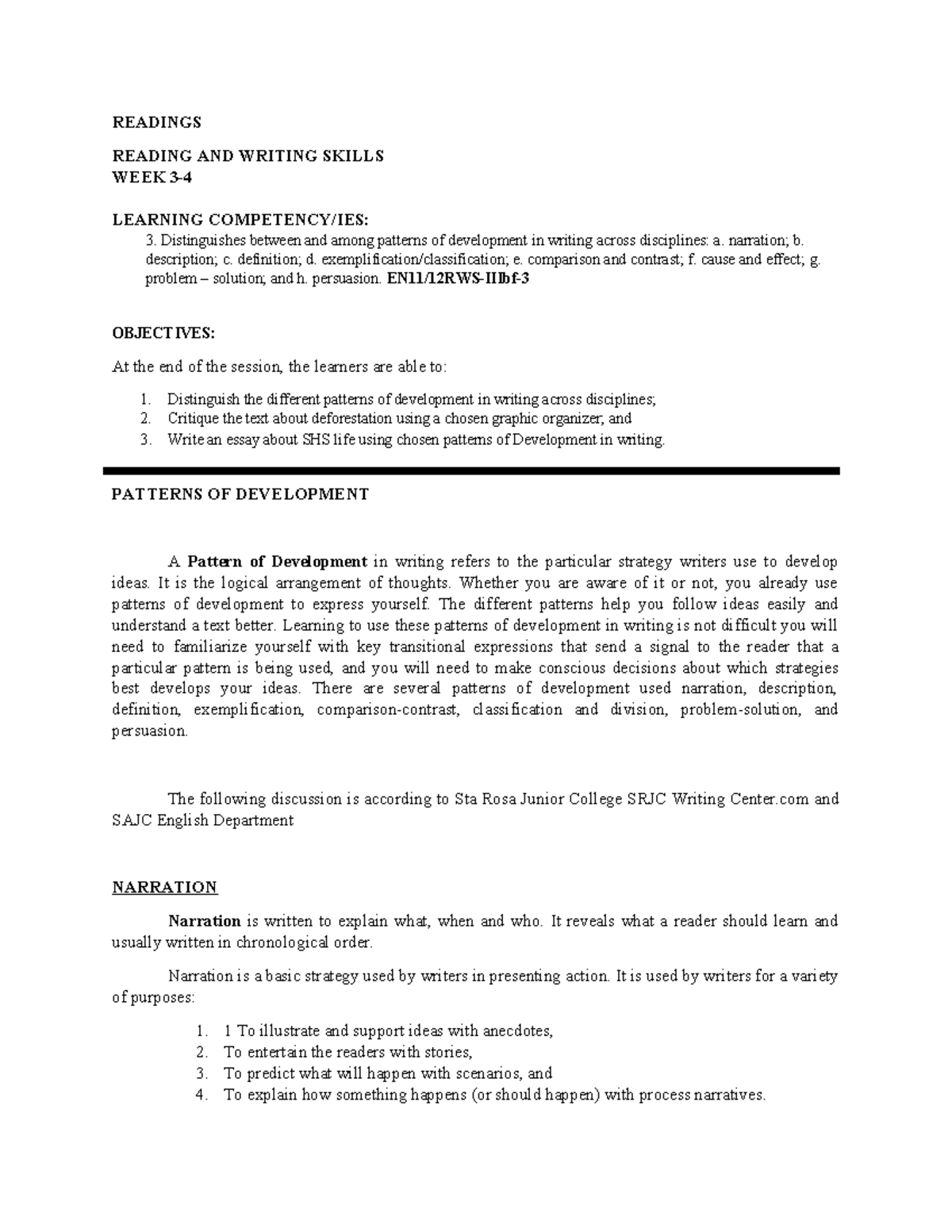 RWS - WEEK 3-4 - Patterns of Development in Writing Lecture - Studocu