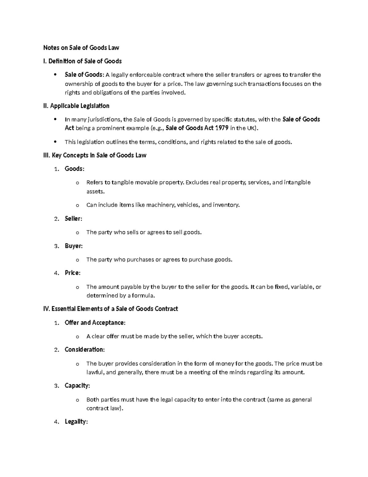 Notes on Sale of Goods Law: Key Concepts and Remedies Analysis - Studocu