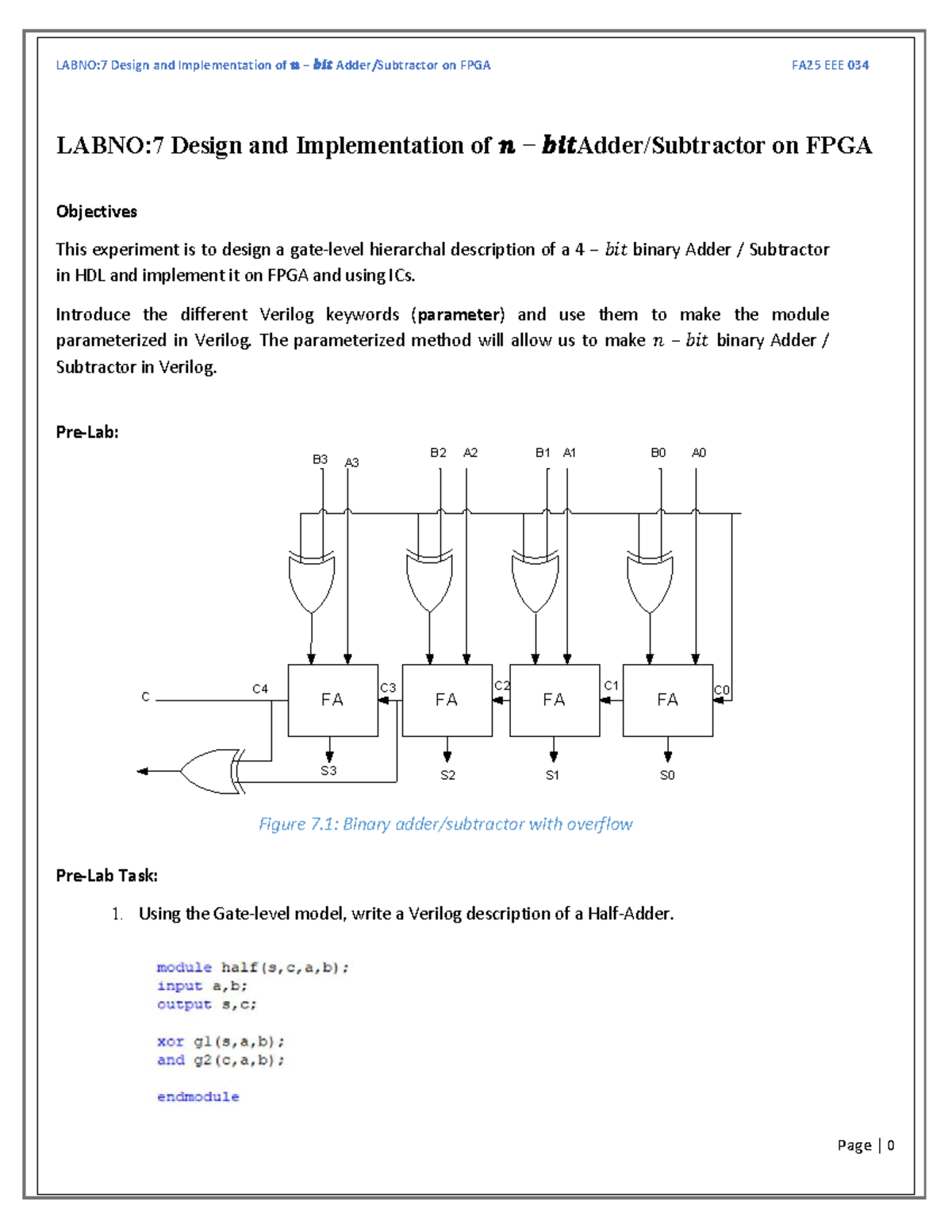 LAB FA25: 4-bit Binary Adder Subtractor Design on FPGA - Studocu
