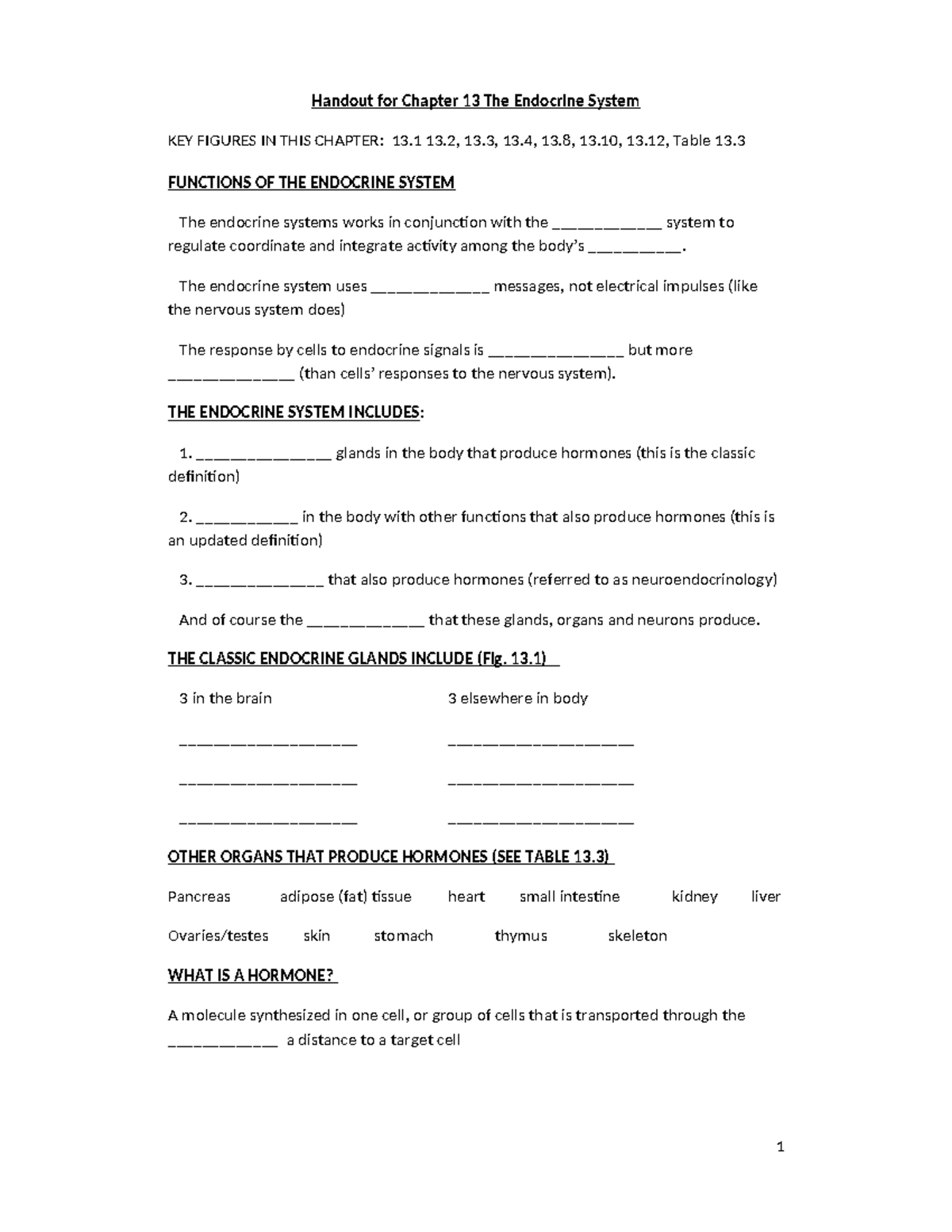 Chapter 13 Handout S19 - The Endocrine System Overview and Key Concepts ...