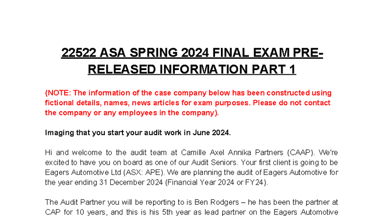 22522 ASA SPRING 2024 FINAL EXAM PRE-RELEASED INFO PART 1 & 2 - Studocu