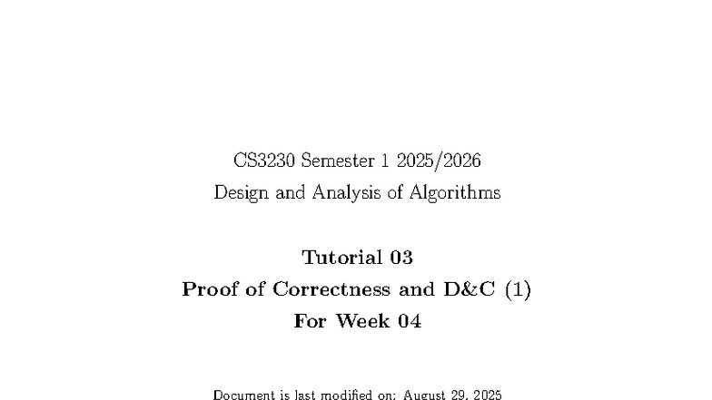CS3230 Tutorial 03: Proof of Correctness in Algorithms - Studocu