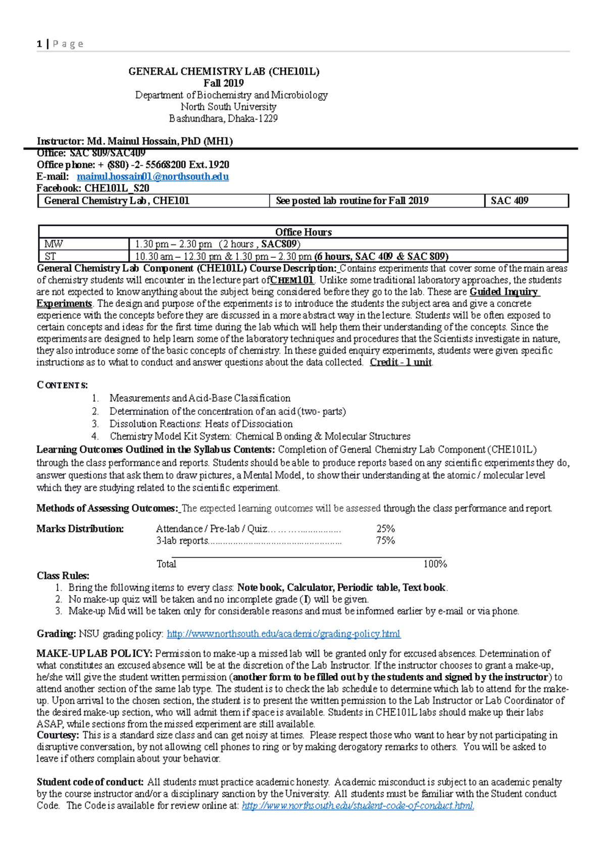 CHE101 L Outline Spring 2020 - 1 | P a g e GENERAL CHEMISTRY LAB ...
