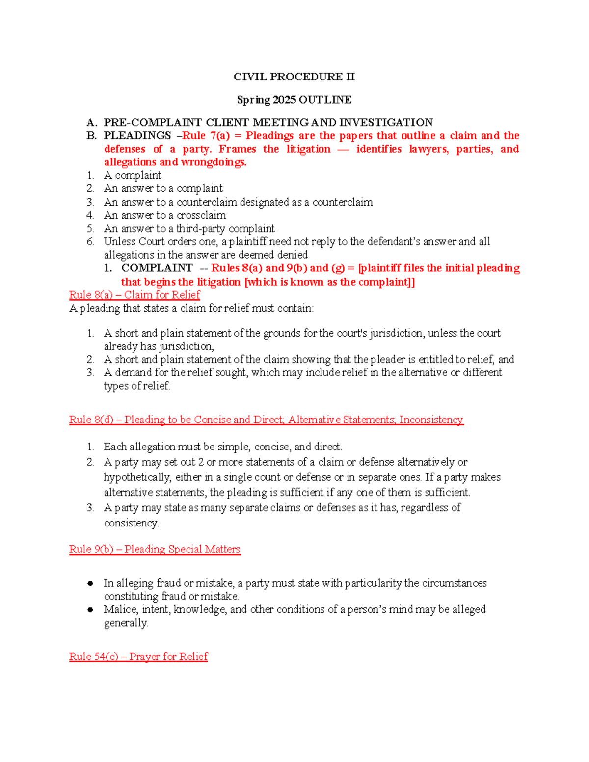CIV PRO II Spring 2025: Detailed Outline of Civil Procedure Principles ...