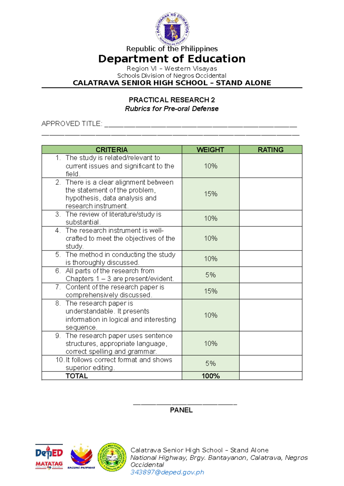 CALATRAVA SHS PRACTICAL RESEARCH 2 Defense Criteria Guide - Studocu