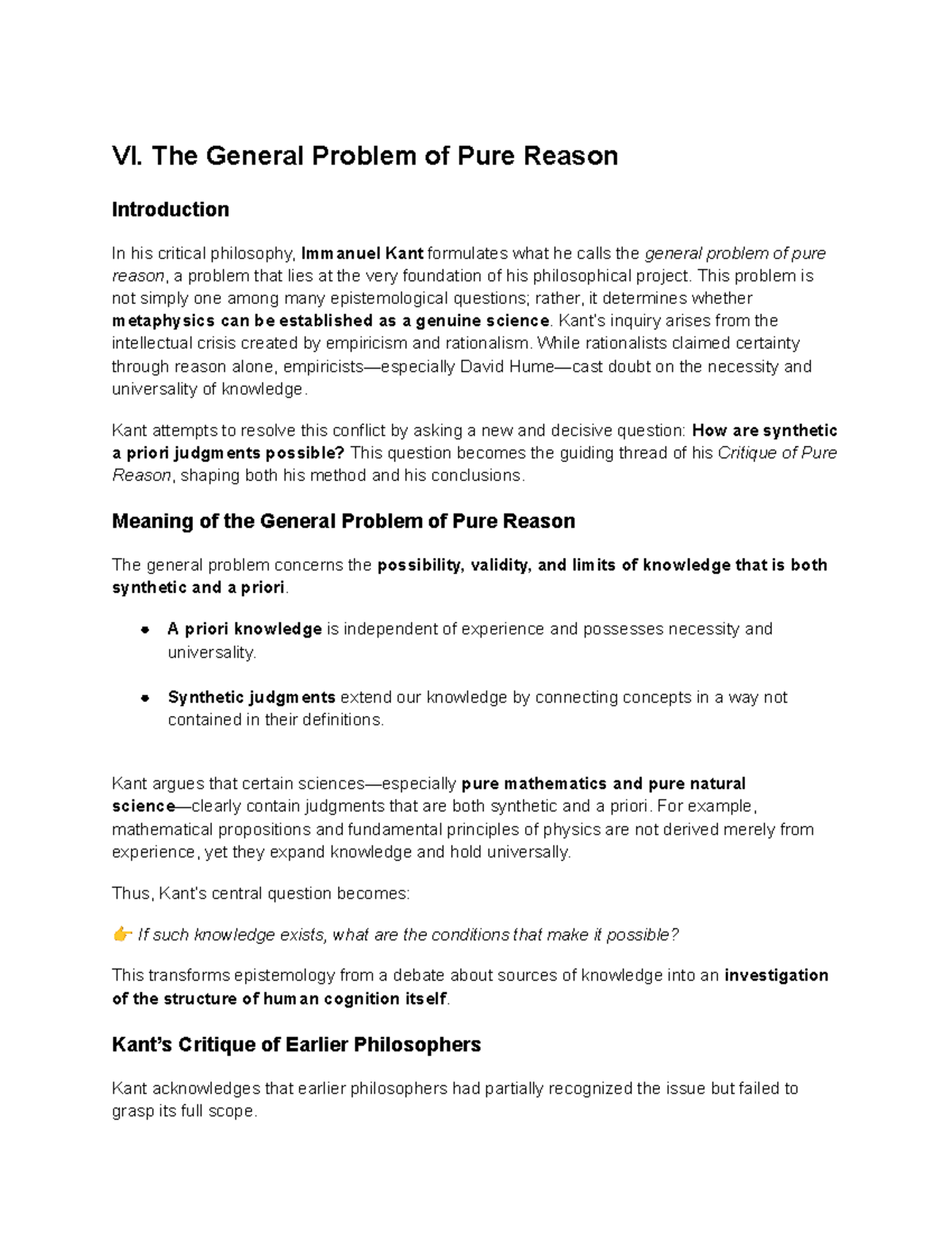KANT 101: The General Problem of Pure Reason Explained - Studocu