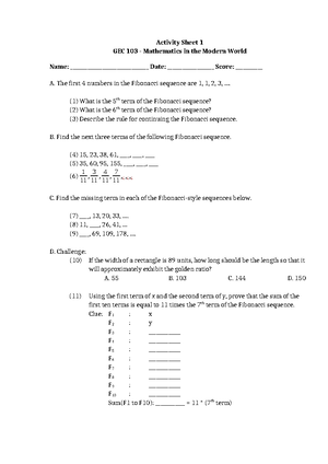 Activity sheet 2 GEC 103 - Mathematics in the modern world - Studocu