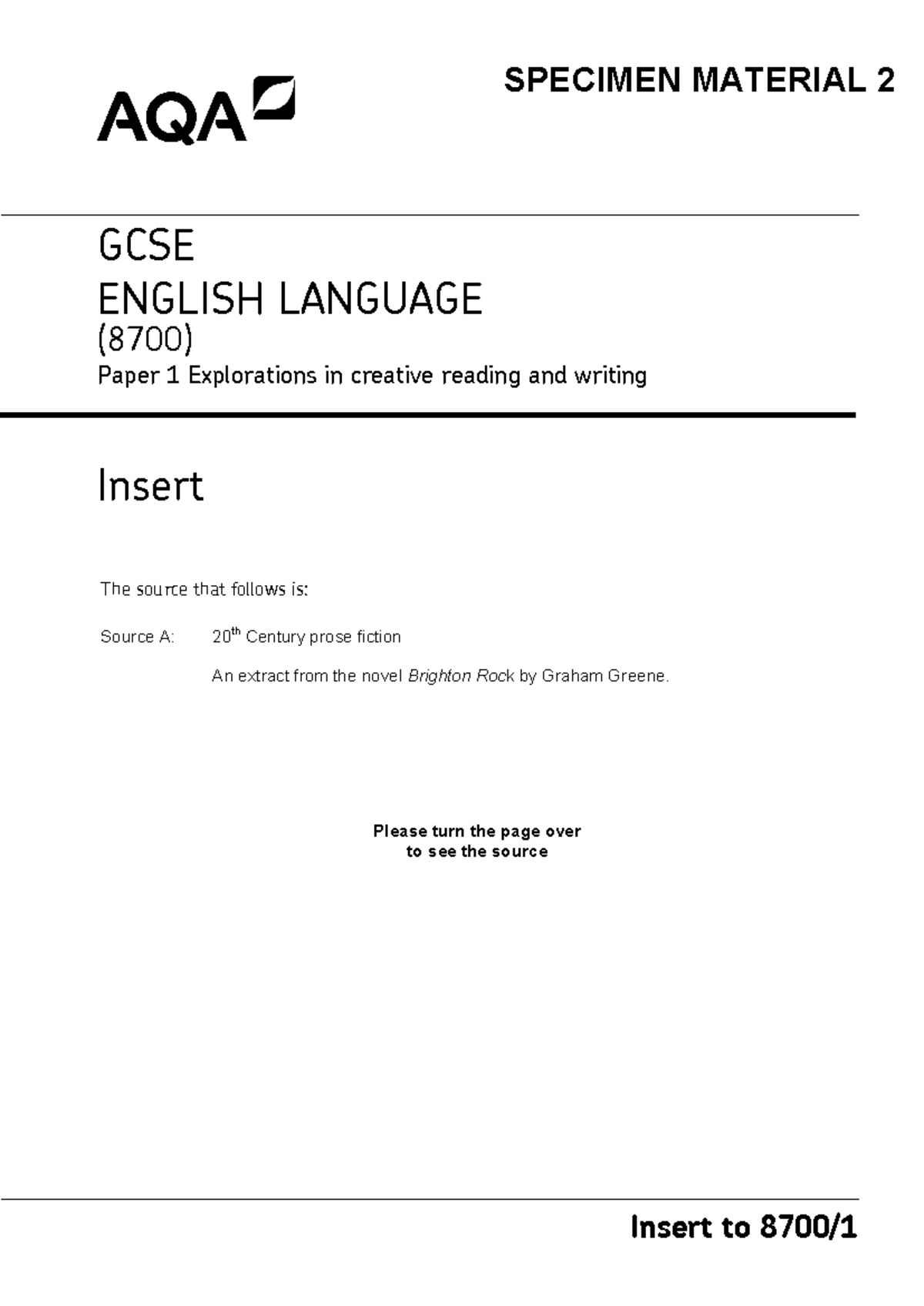 GCSE English Language (8700) Specimen Paper 1 Insert - Brighton Rock ...
