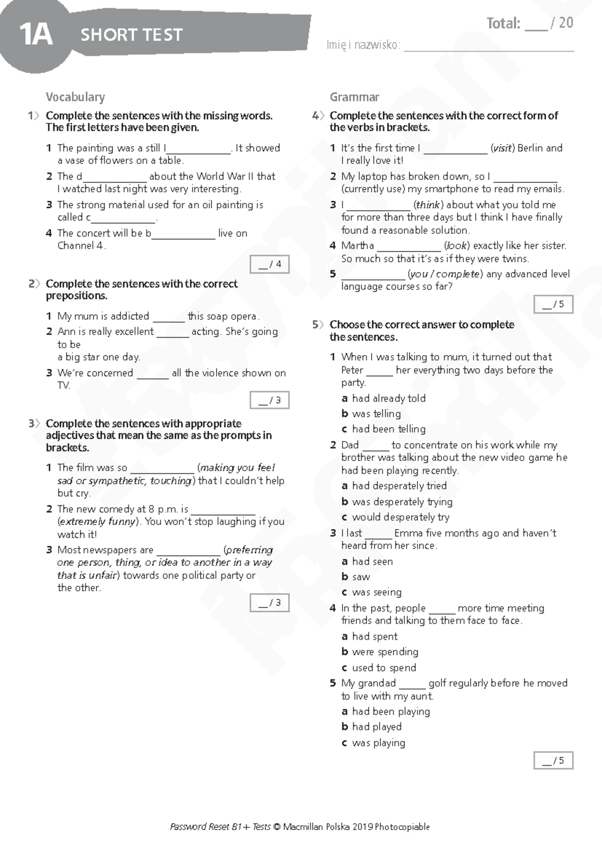 B2 ST 1A Short Test Answers and Vocabulary Practice - Studocu