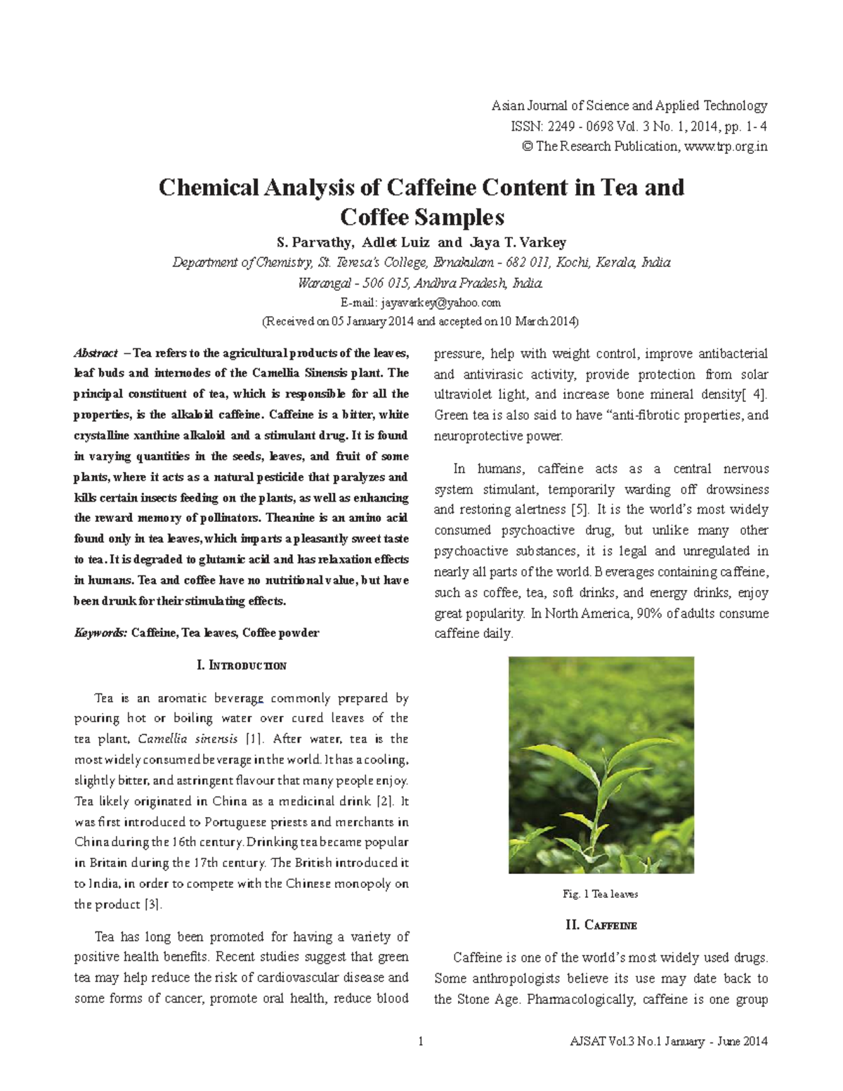 Chemical Analysis of Caffeine in Tea and Coffee - AJSAT Vol. 3 No. 1 ...