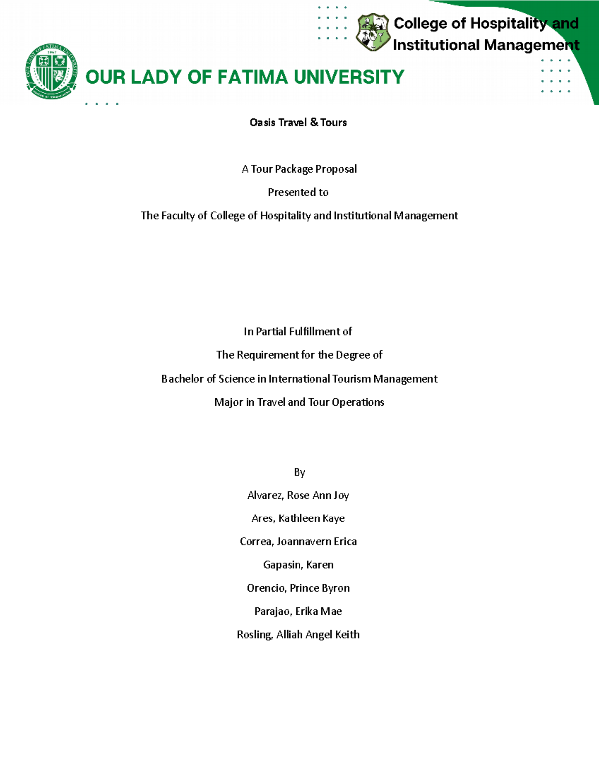 TOUR Packages Proposal for BSc in Intl Tourism Management - Studocu