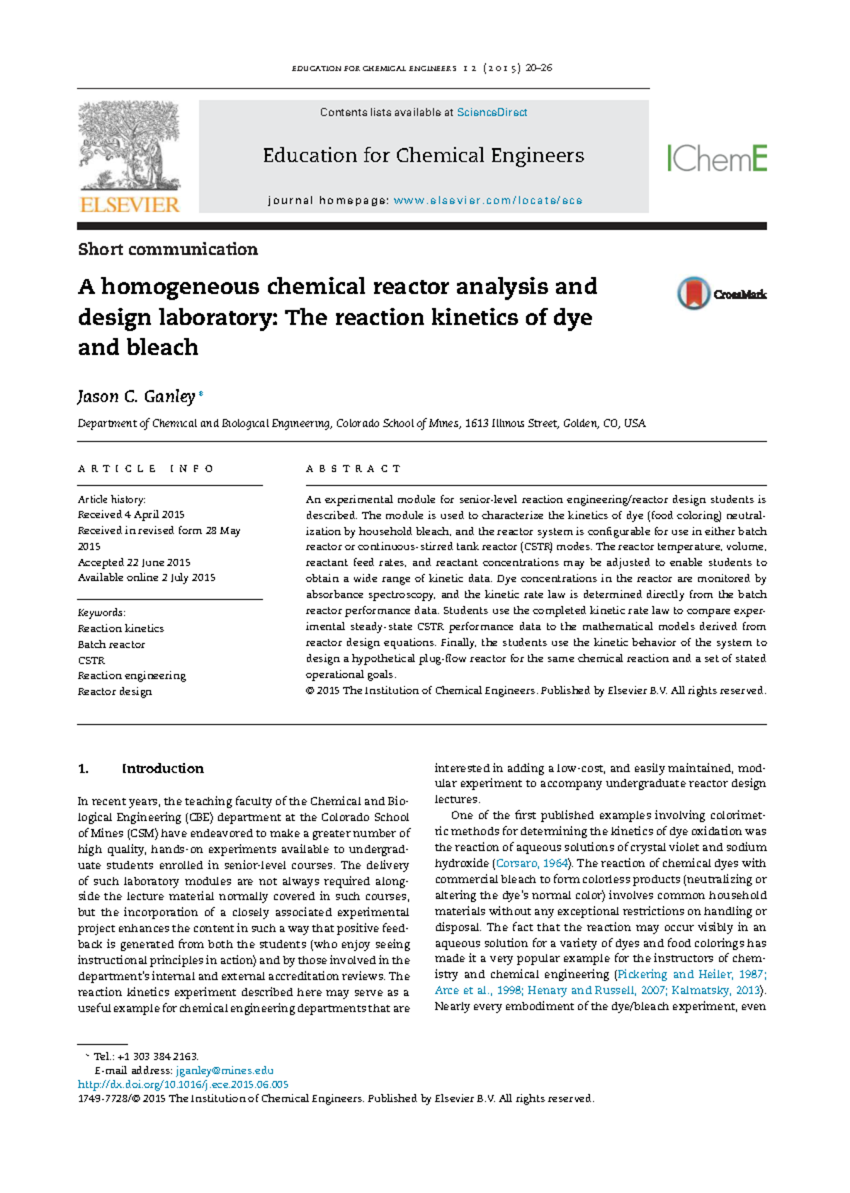 CBE 2015: Homogeneous Chemical Reactor Design Lab Analysis - Studocu