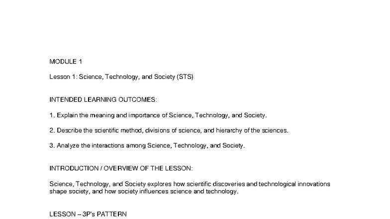 MODULE 1 Lesson 1: Science, Technology, and Society (STS) Overview ...