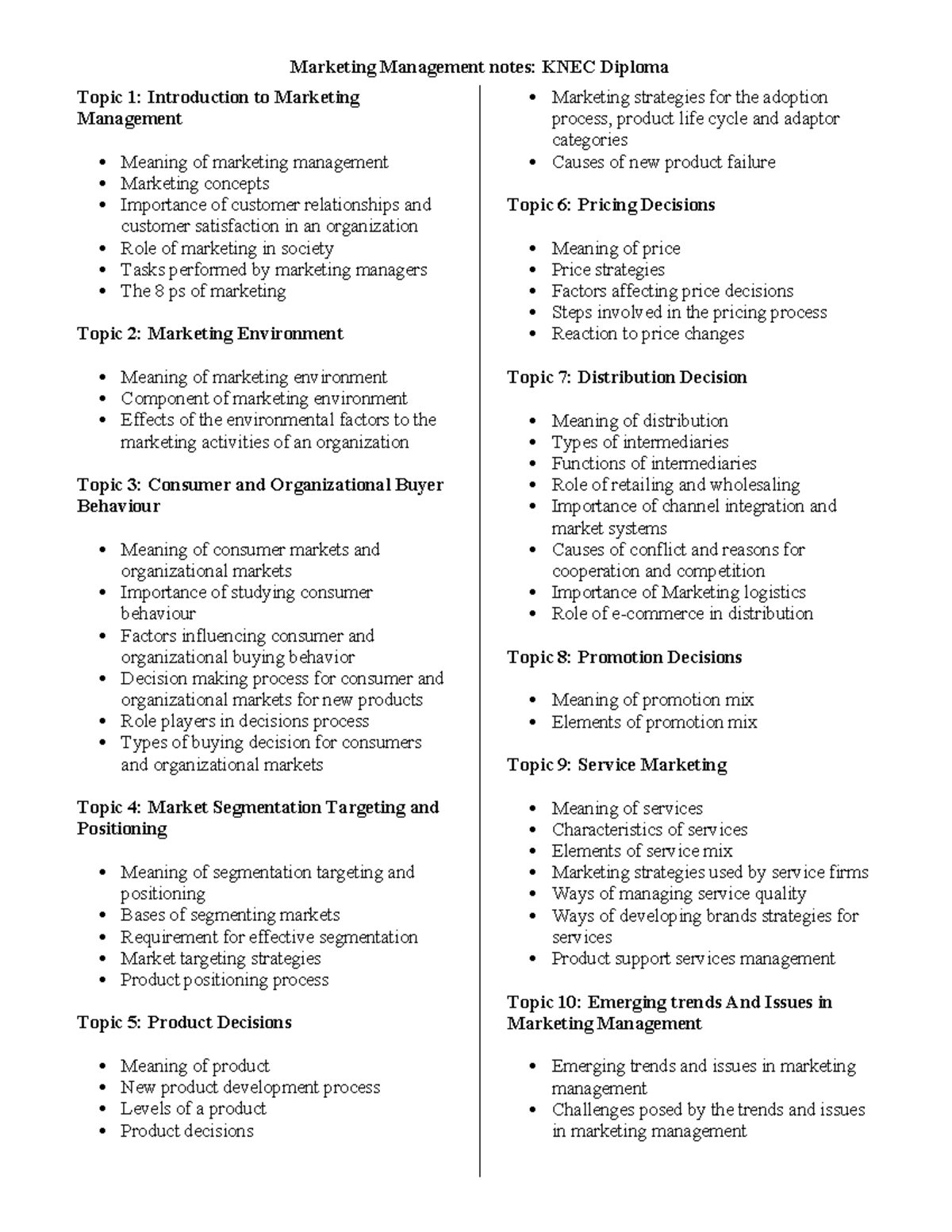 KNEC Diploma Marketing Management Notes: Key Concepts & Topics - Studocu