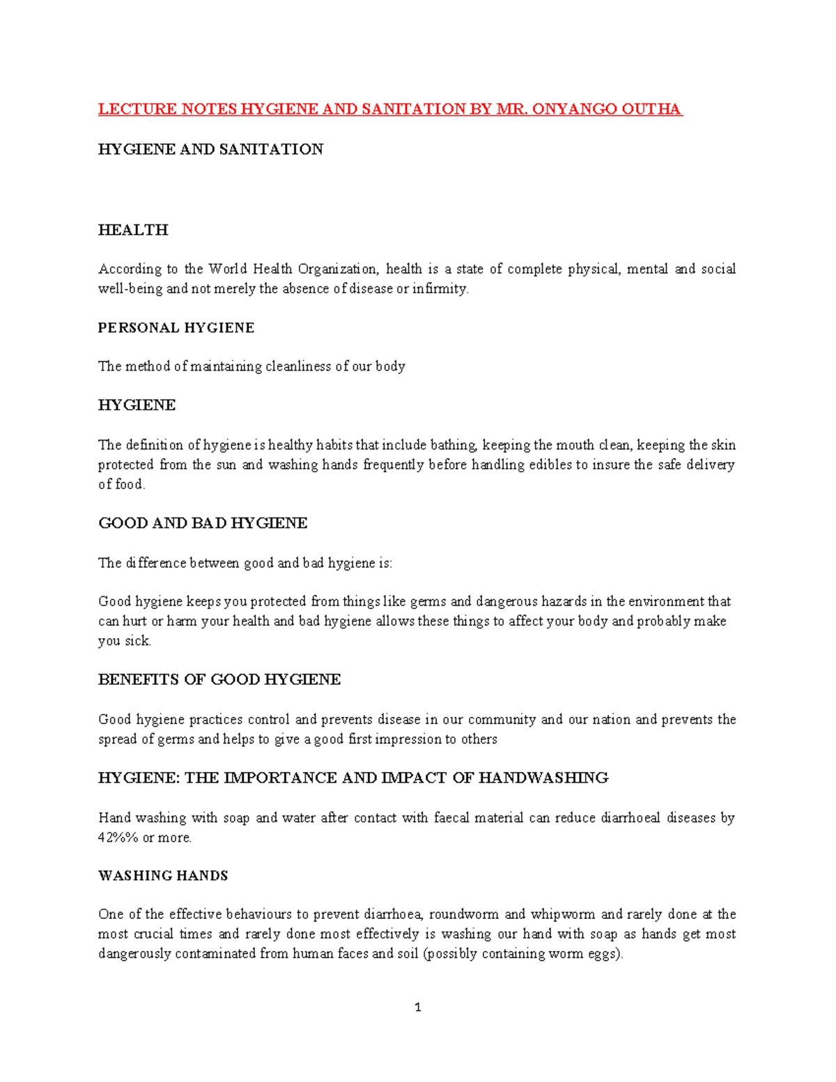 LECTURE NOTES: HYGIENE AND SANITATION (H&S 2) - MR. ONYANGO OUTHA - Studocu
