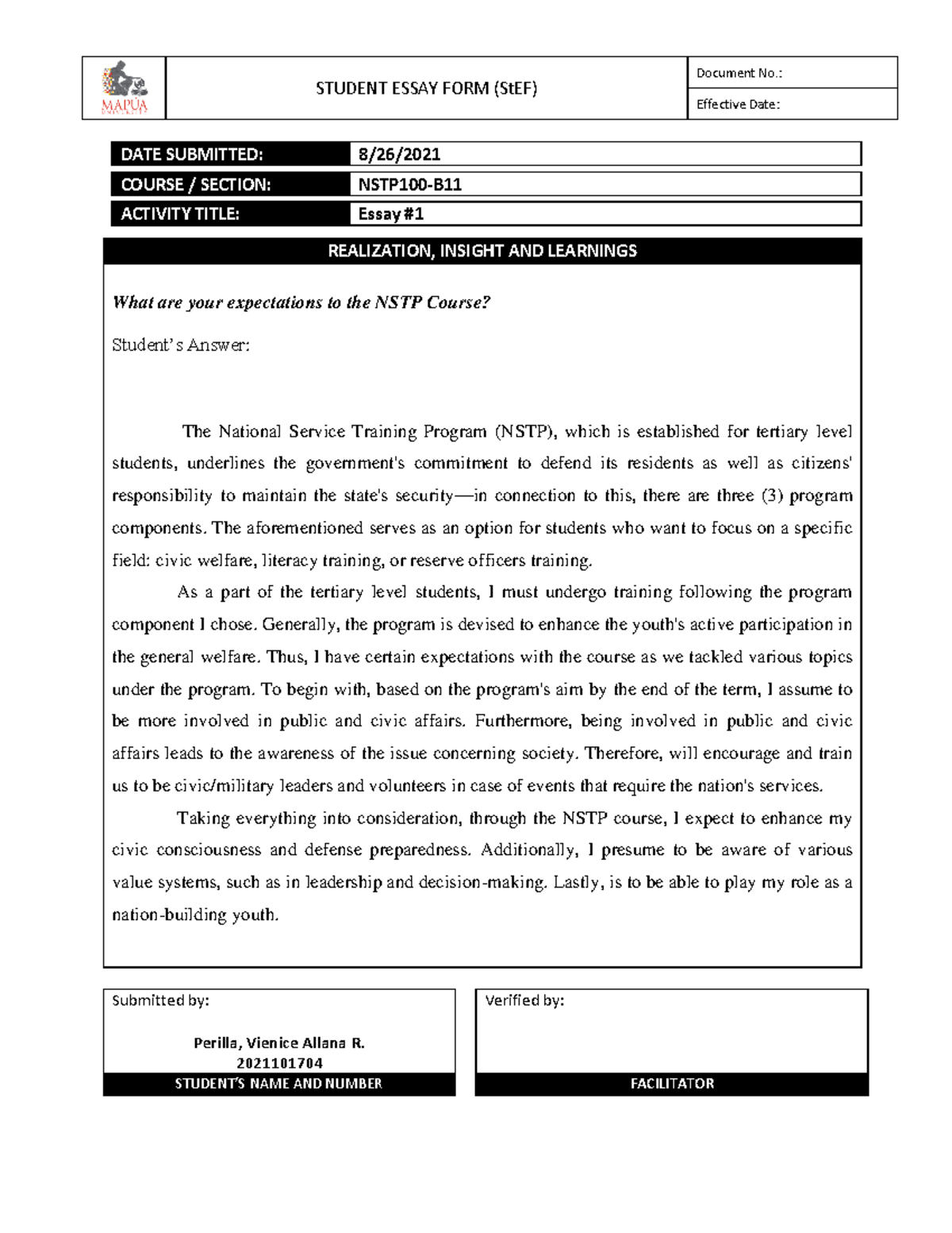 NSTP1 00 Essay #1 - For 1st year - STUDENT ESSAY FORM (StEF) Document ...