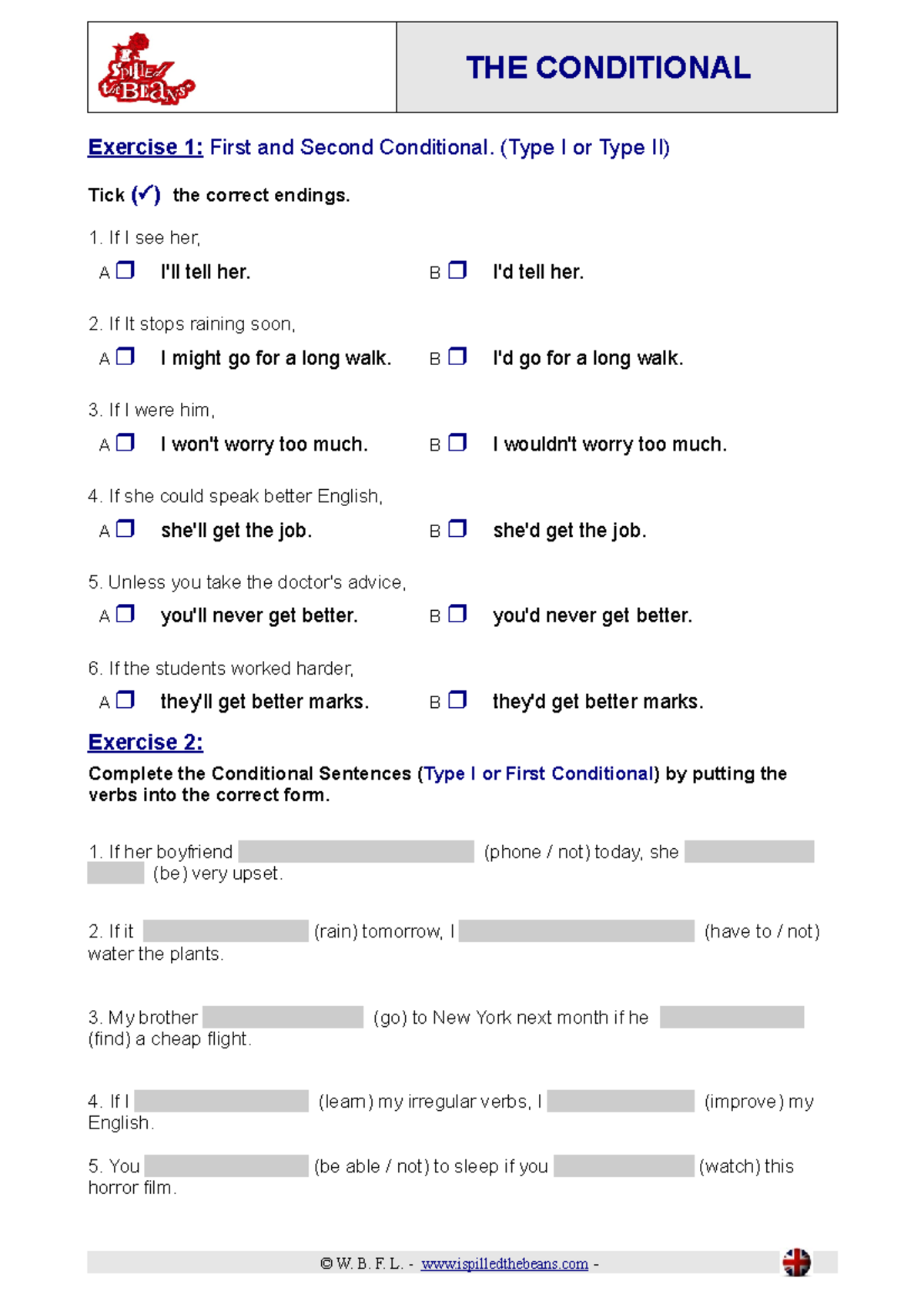 Exercises on Conditional Sentences (Type I & II) - Studocu