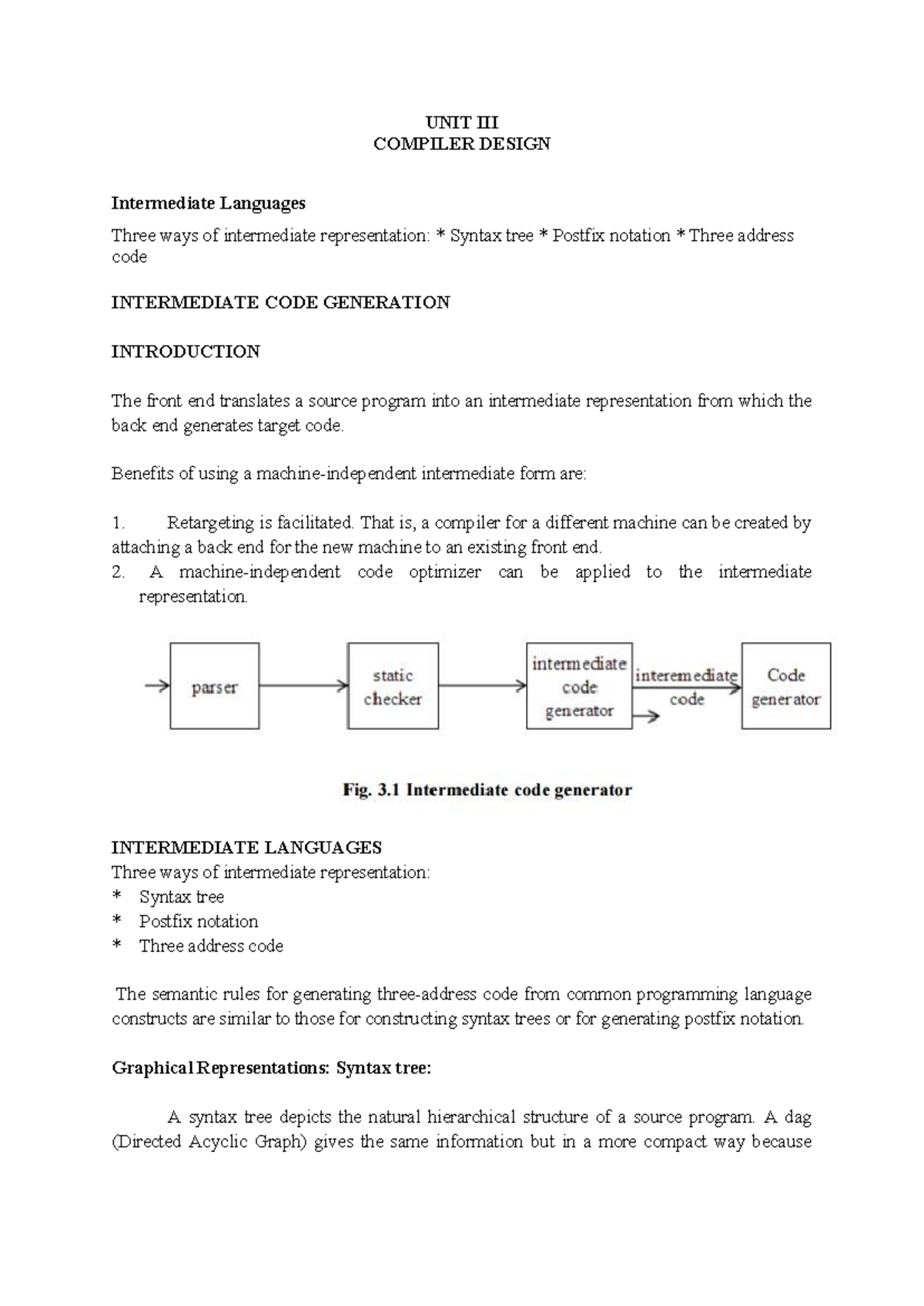 UNIT III Compiler Design: Intermediate Languages & Code Generation ...