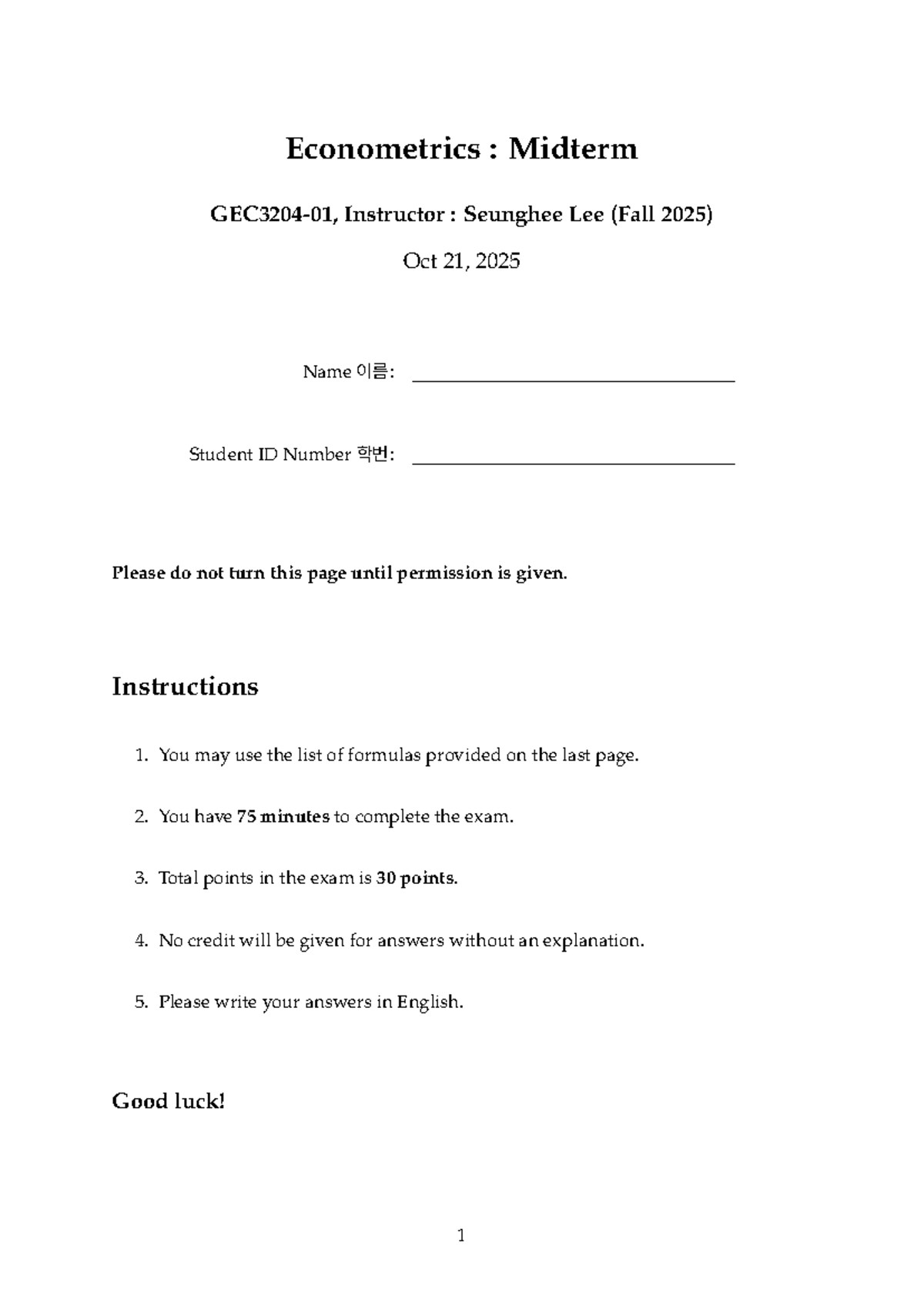 Econometrics FA25: Midterm Exam Instructions and Questions - Studocu
