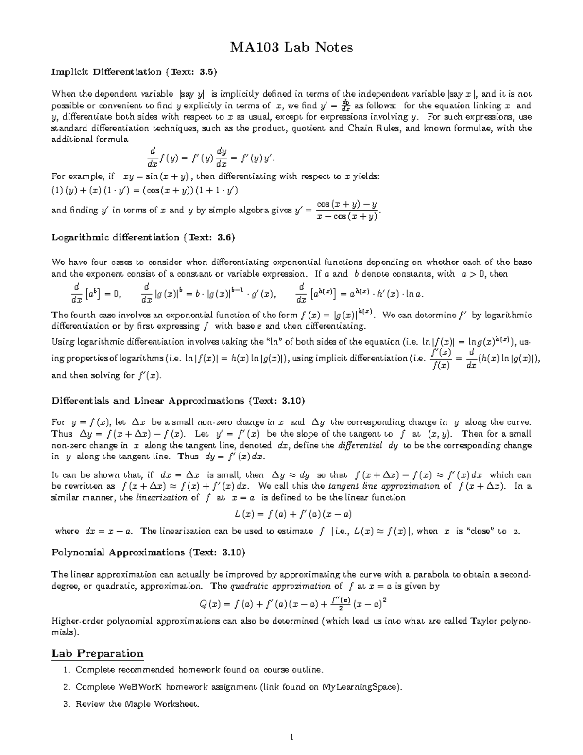 MA103 Lab 5: Implicit & Logarithmic Differentiation Notes - Studocu