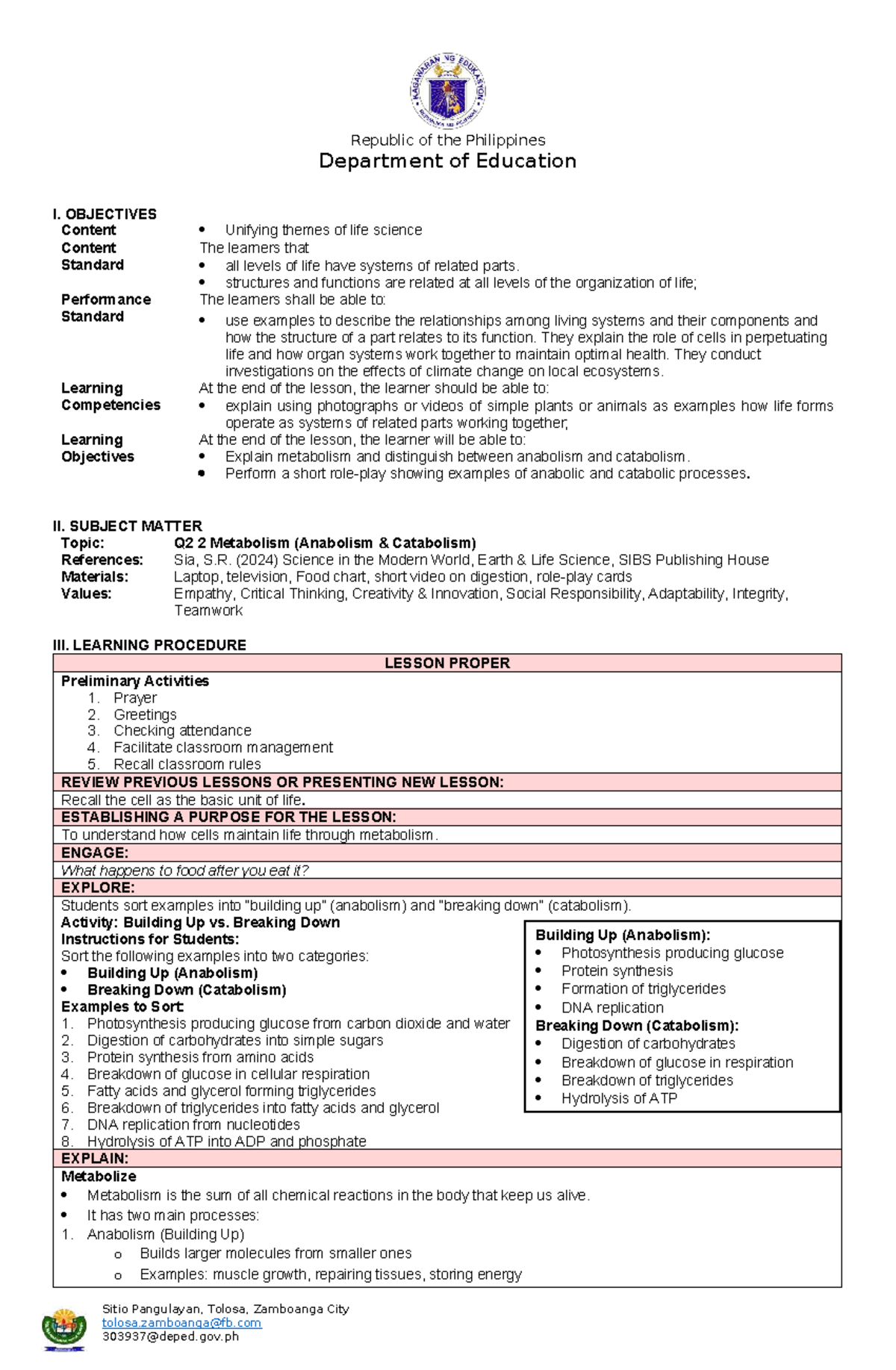 Metabolism: Anabolism & Catabolism - Q2 Lesson Plan - Studocu