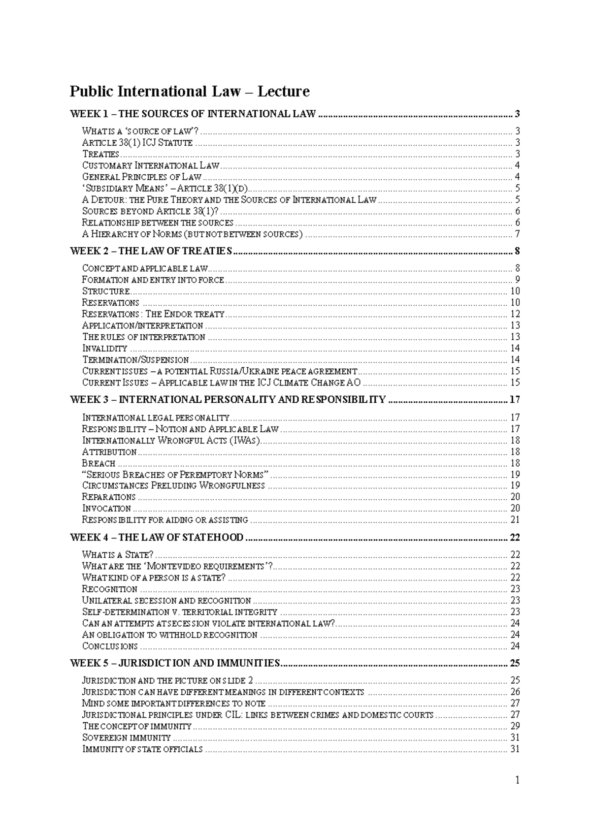 Public International Law Lectures: Week 1 to Week 7 Overview - Studeersnel