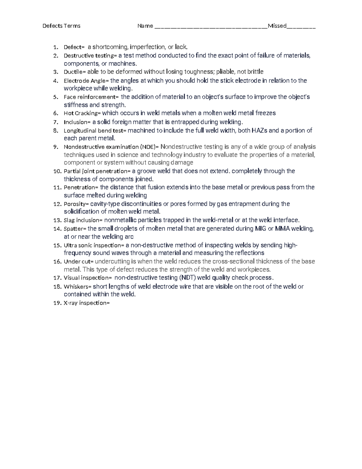 Defects Terms - yes - Defects Terms Name ...