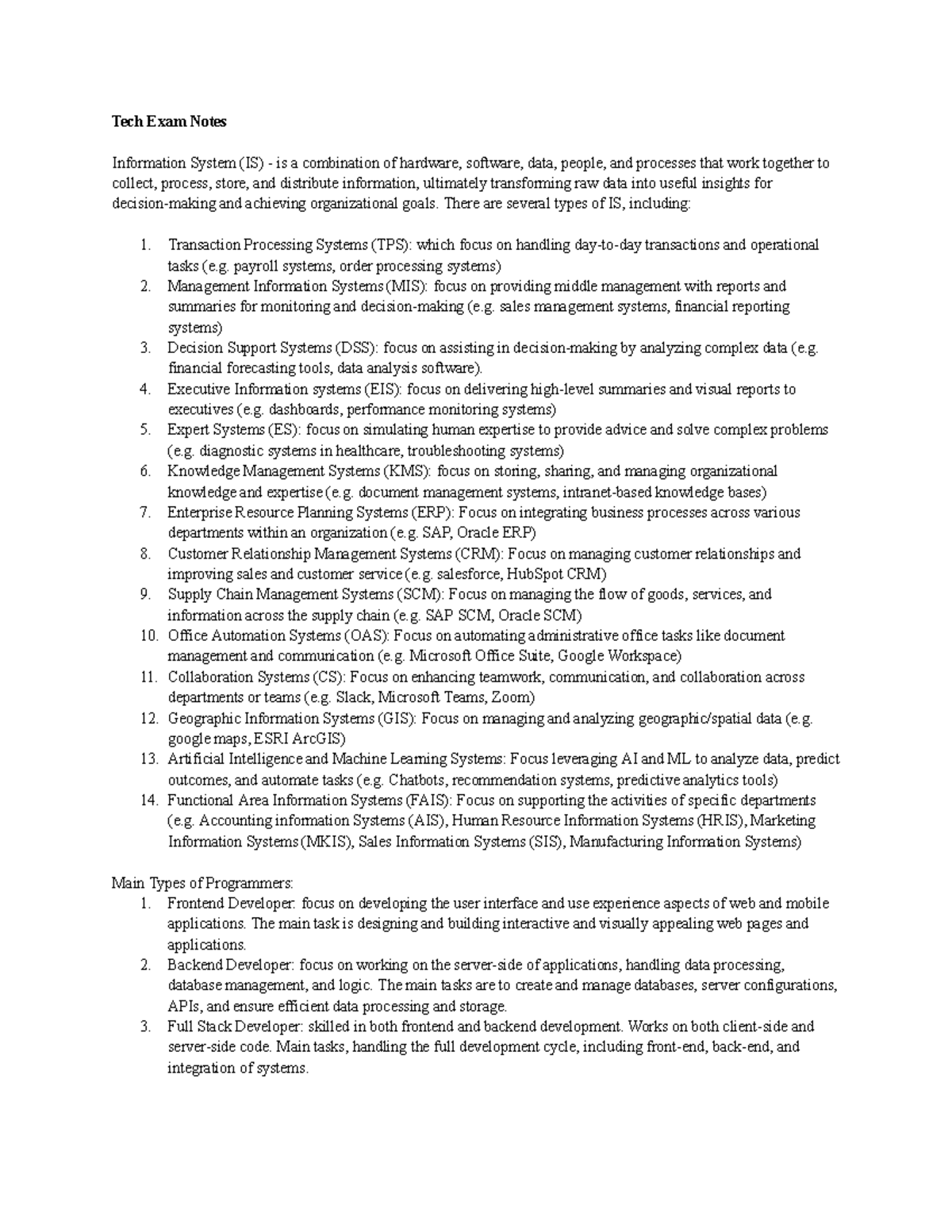 Tech exam notes for information systems (IS) and programming concepts ...