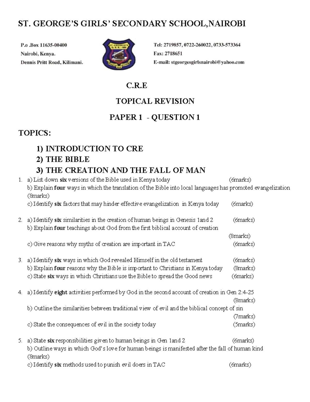 CRE Topical Revision Paper 1: Key Questions on Introduction to CRE, The ...