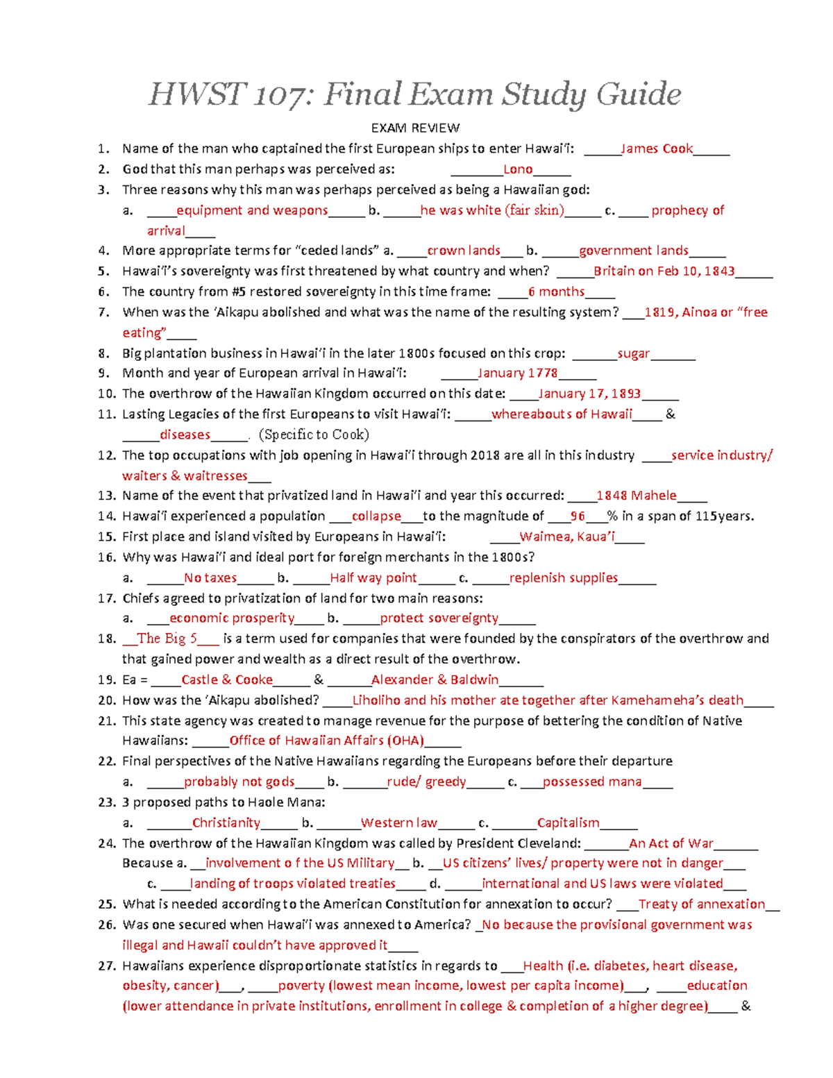 HWST 107 Final Exam Study Guide: Key Concepts & Events in Hawaiian ...