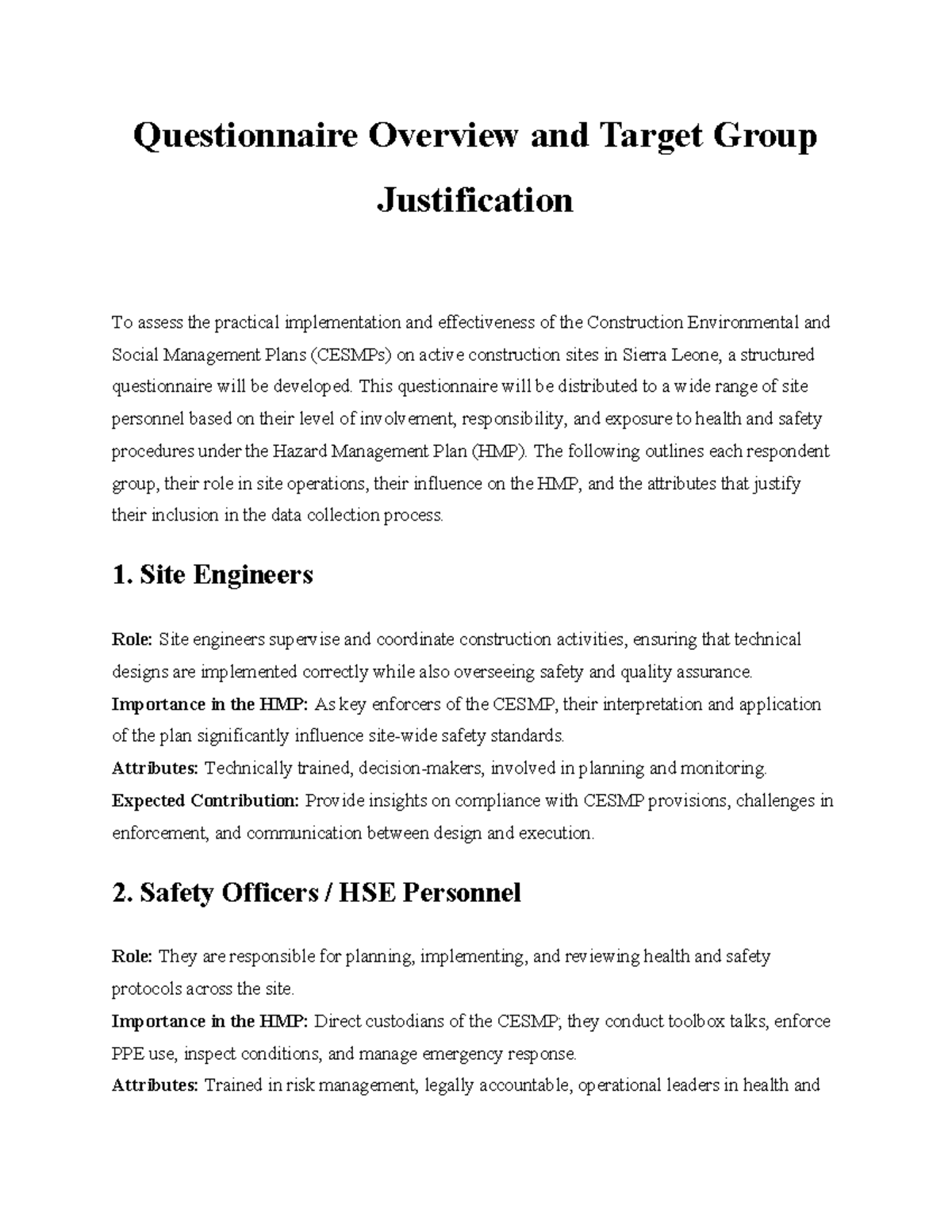 CESMP Questionnaire Overview & Target Group Justification - Studocu