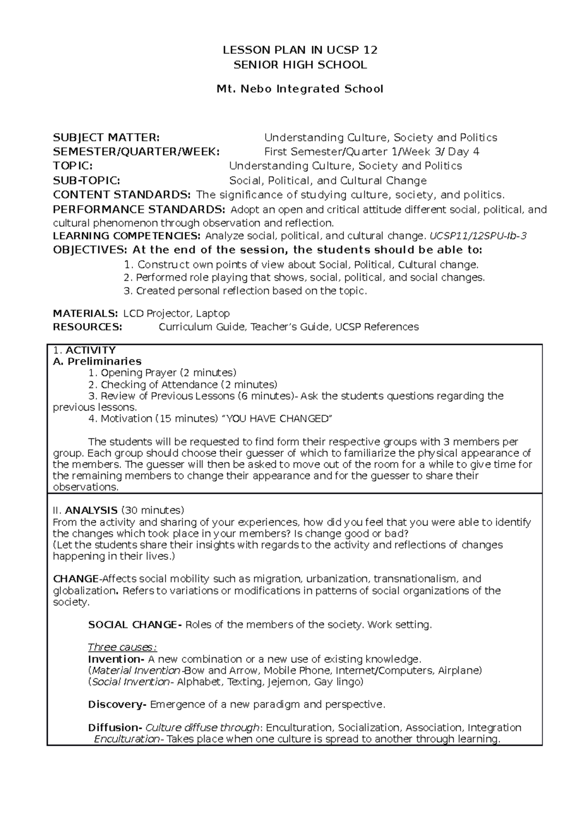 UCSP 12 - Lesson Plans on Understanding Culture, Society, and Politics ...