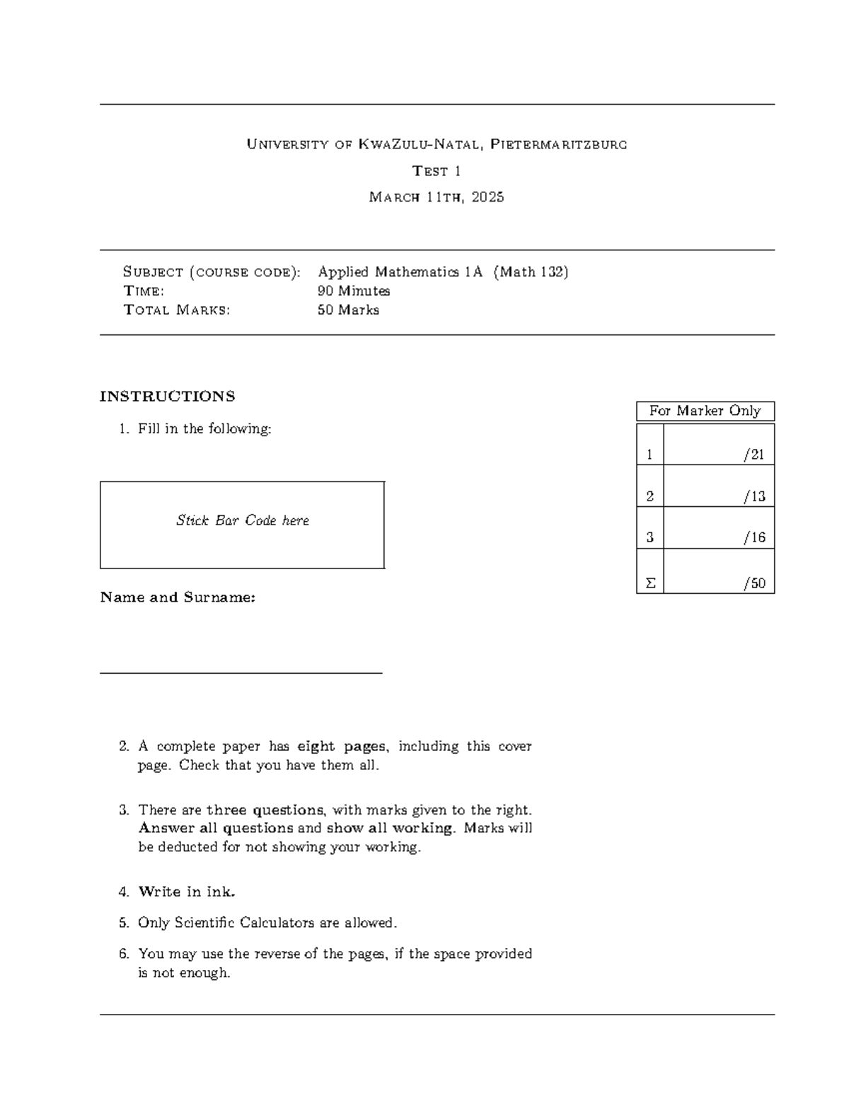 Applied Mathematics 1A (Math 132): Test 1 - March 11, 2025 - Studocu