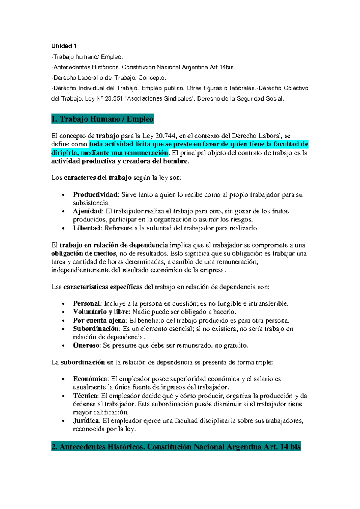Resumen Unidad 1: Empleo y Derecho Laboral en Argentina - Clase Quintar ...