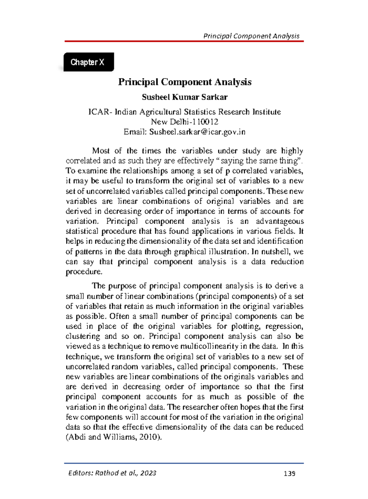 Statistical Procedures for Analyzing Agricultural Data: PCA Chapter 10 ...