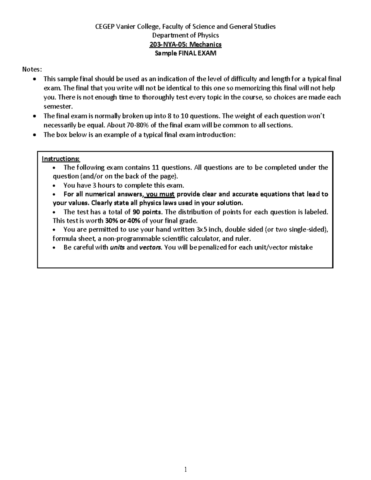 Sample FINAL EXAM Notes for Physics Mechanics (PHYS 101) - Studocu