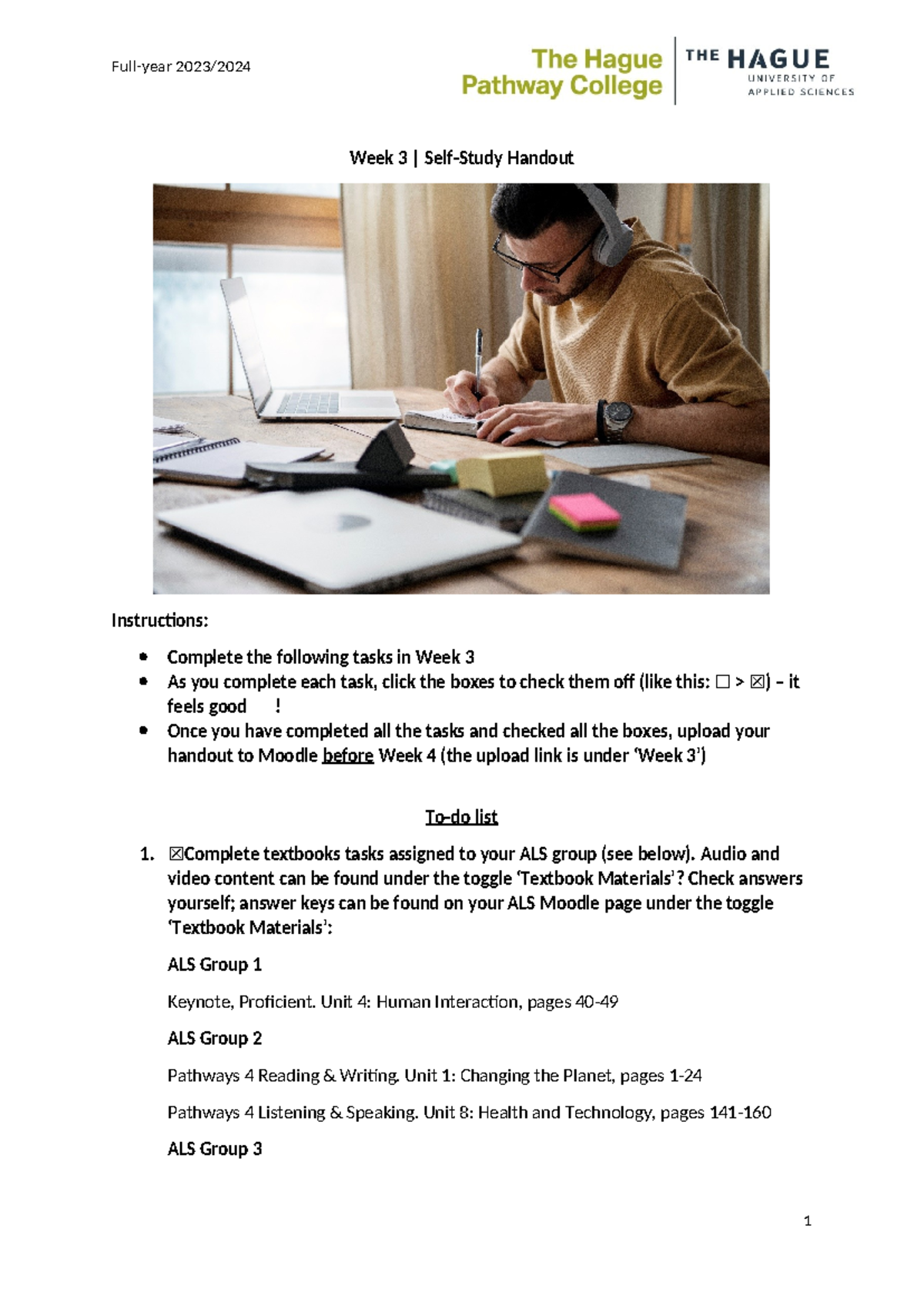 FY Week 3 Self-Study Handout Instructions and Tasks - Studeersnel