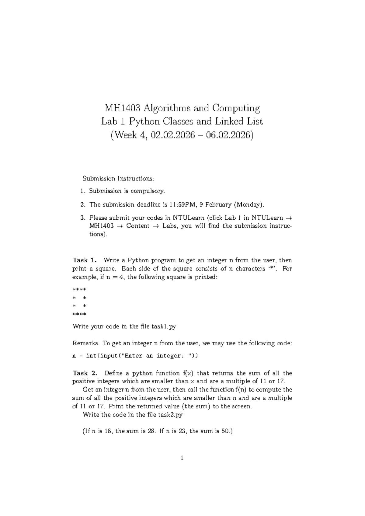 MH1403 Lab 1: Python Classes & Linked Lists (Submission by 09.02.2026 ...