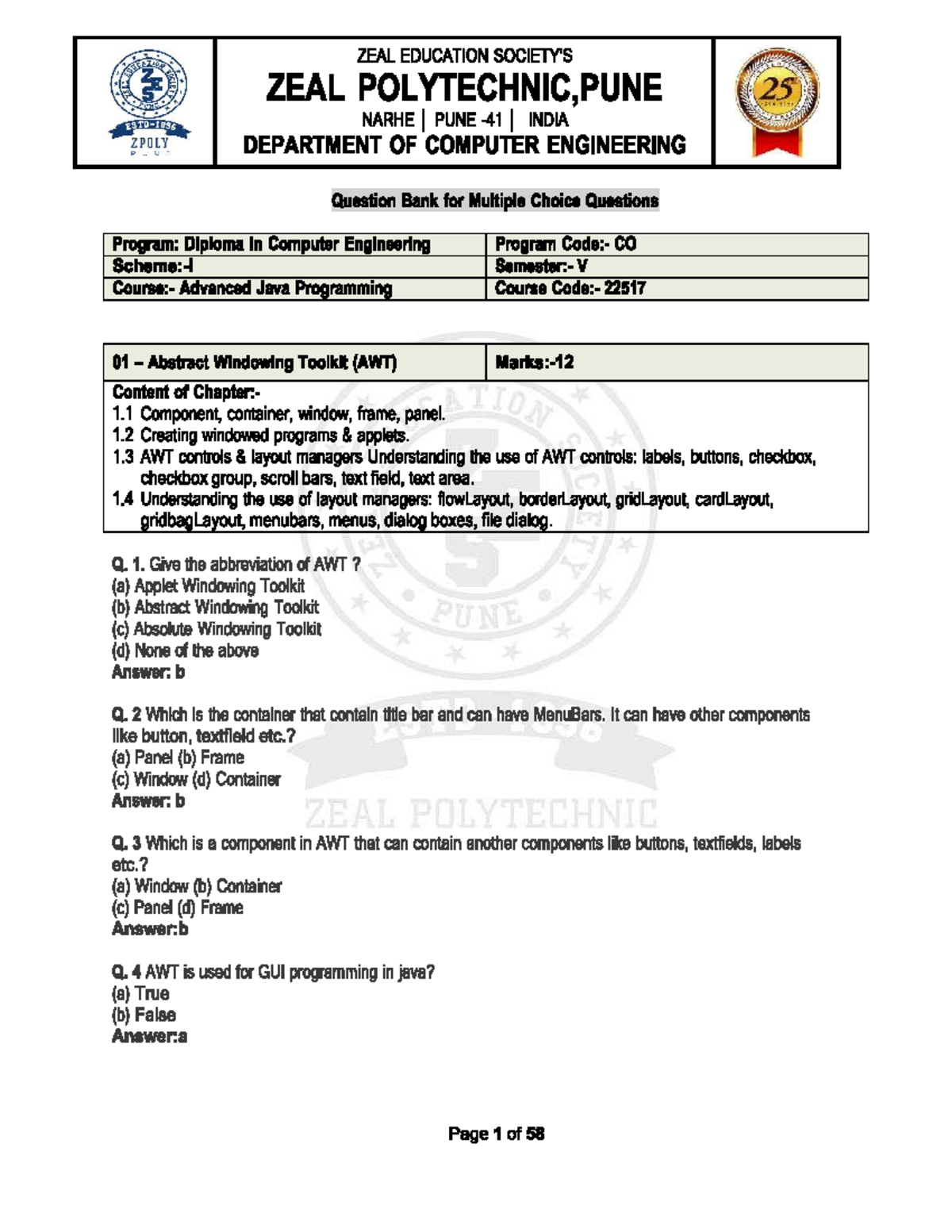 22517 AJP MCQ Bank: Advanced Java Programming Questions at Zeal ...