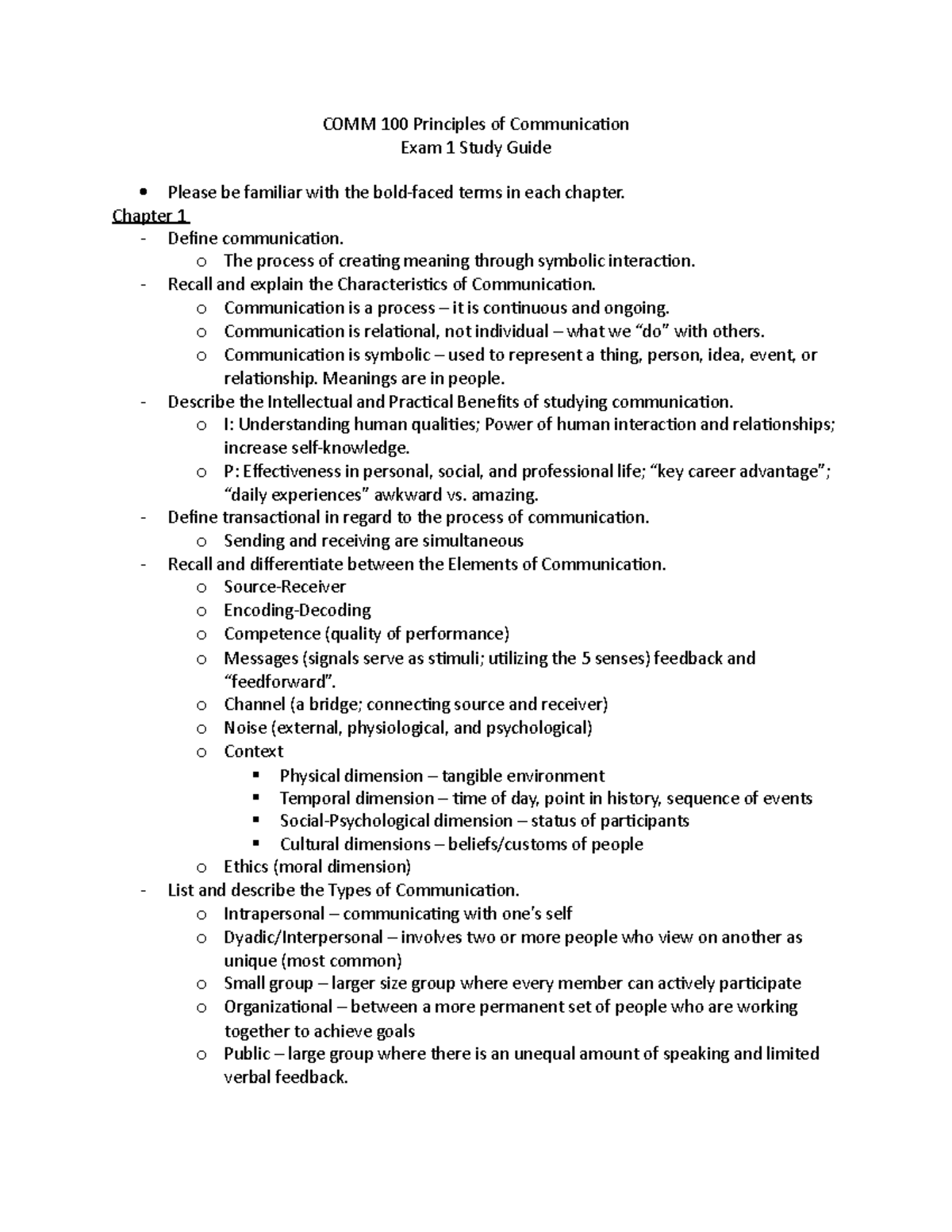 COMM100 Exam 1 Study Guide: Key Concepts in Communication Principles ...