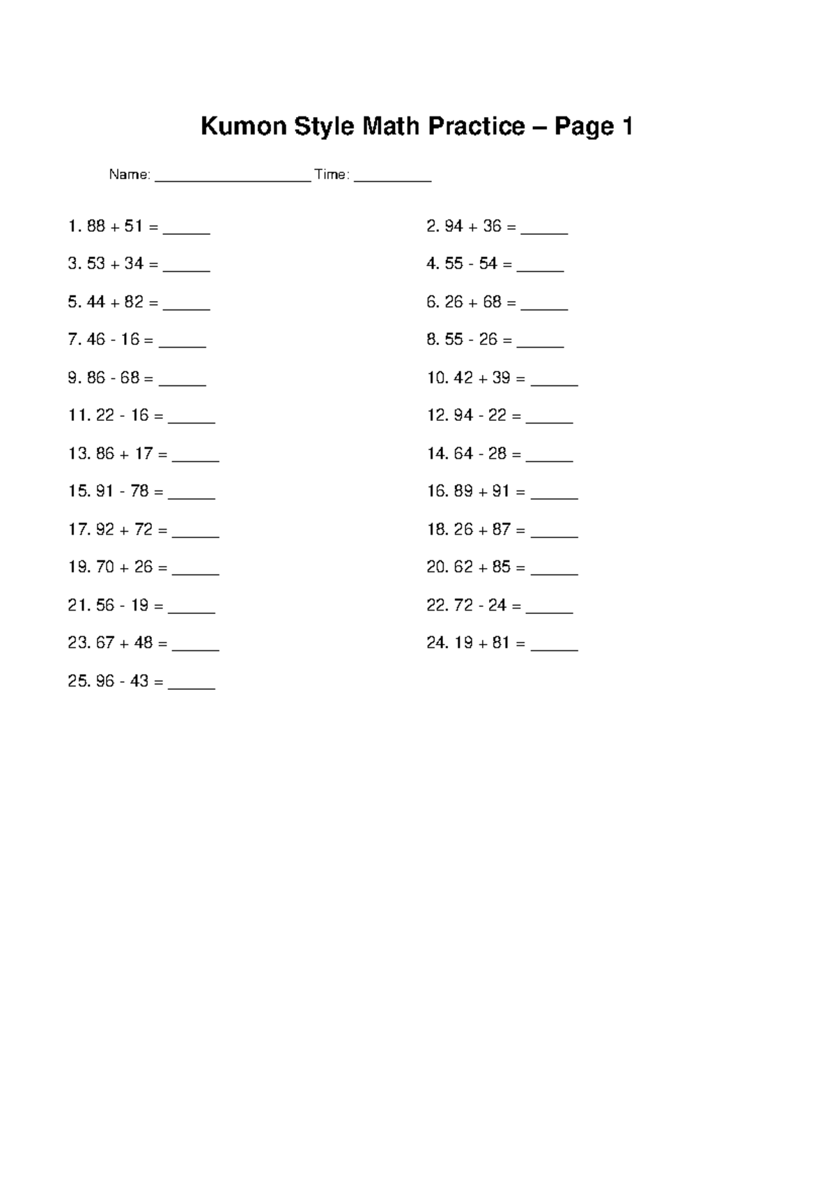 Kumon Style Math Practice: Addition & Subtraction Exercises - Studocu