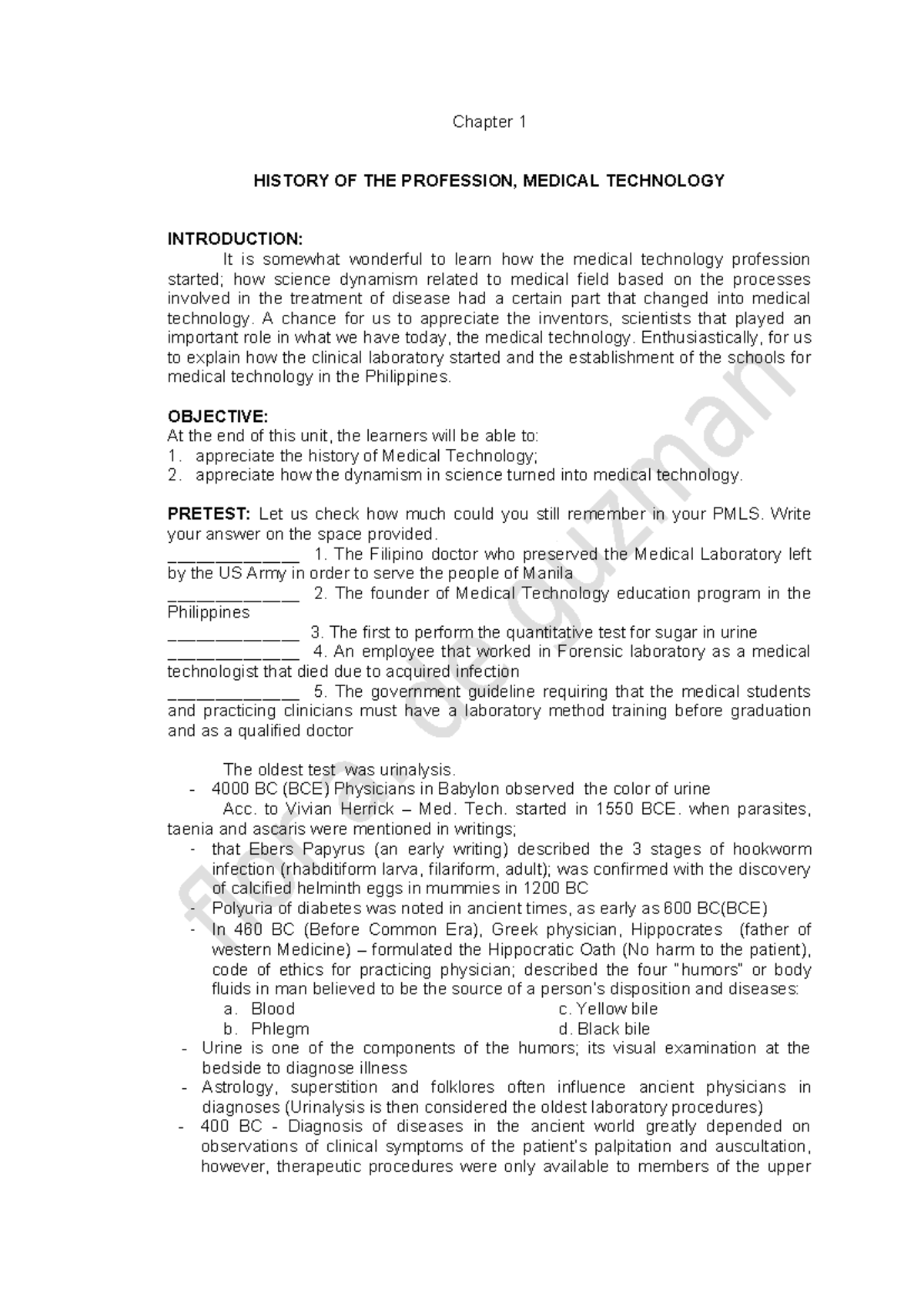MTLB CHPTR 1: History of Medical Technology - Revised 2024 - Studocu