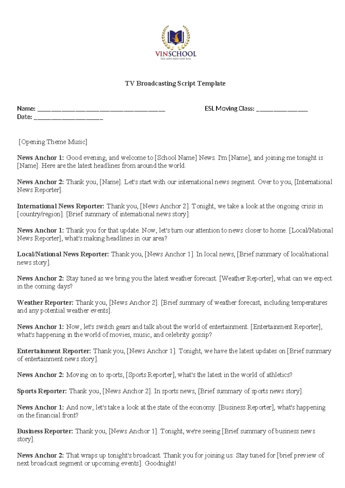 ESL TV Broadcasting Script Template: News Segment Overview - Studocu