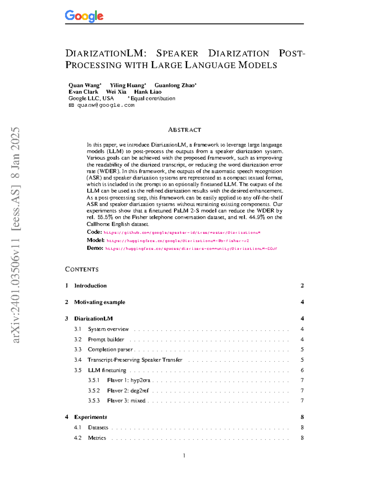 DiarizationLM: Enhancing Speaker Diarization with LLMs (arXiv:2401. ...