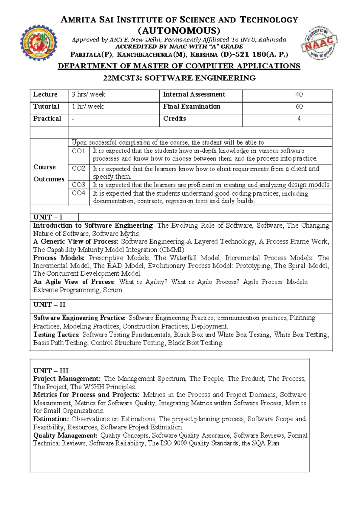 22MC3T3: Software Engineering Lecture Notes and Internal Assessment ...