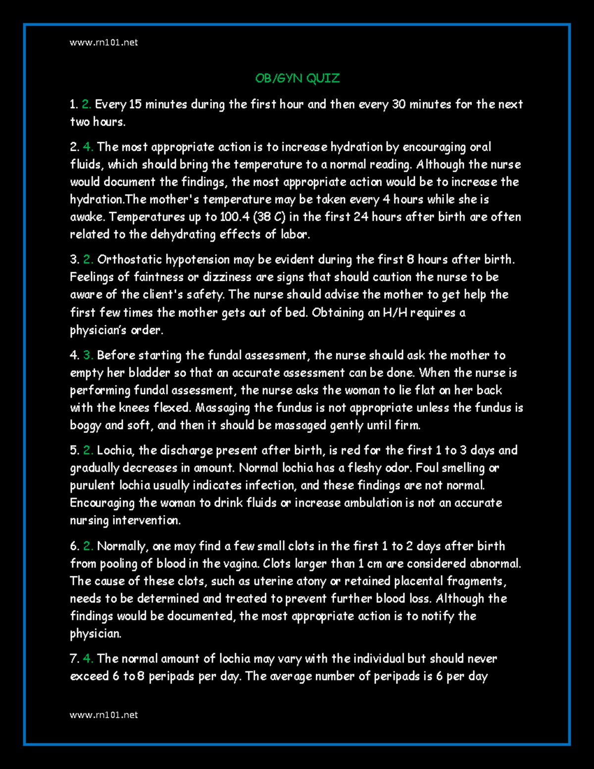 OB/GYN NCLEX Answer Sheet & Quiz Material for Nursing Exam Preparation ...