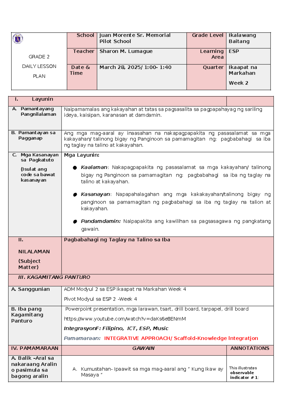 COT-ESP 2-Q4-W4: Daily Lesson Plan for Grade 2 - Week 2 - Studocu