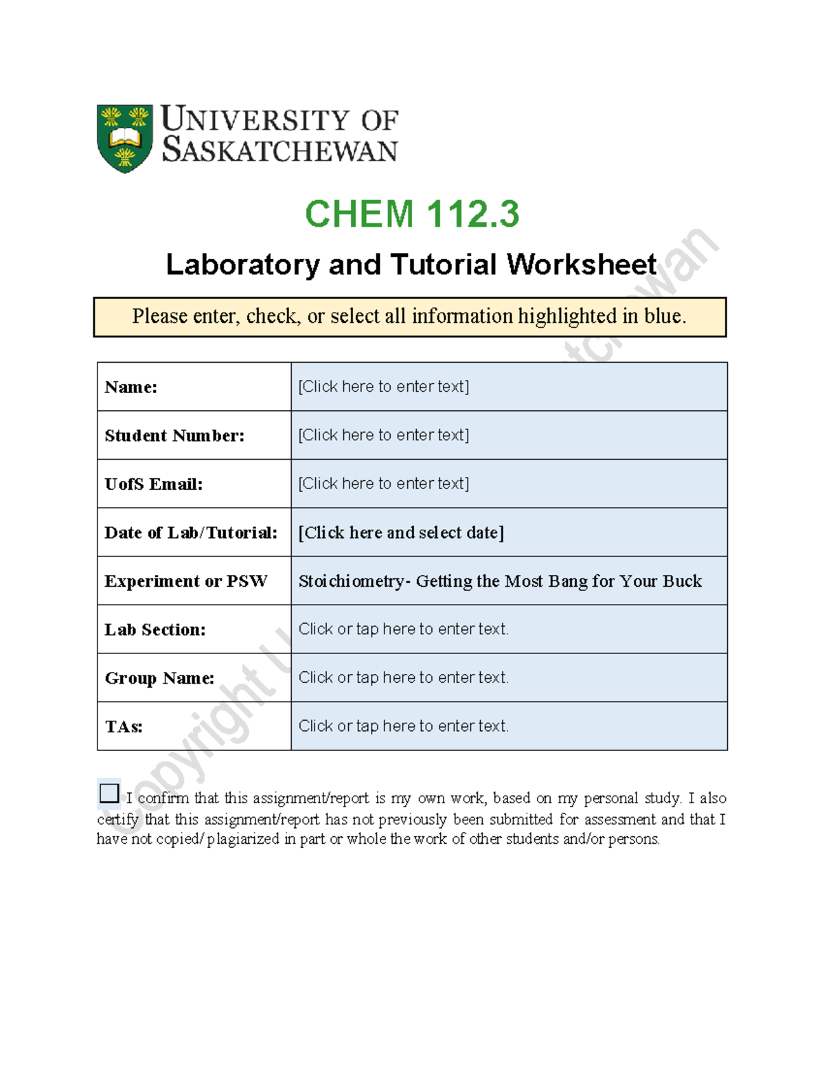 CHEM 112 Lab Worksheet - Stoichiometry Experiment - Fillable Doc 2024 ...