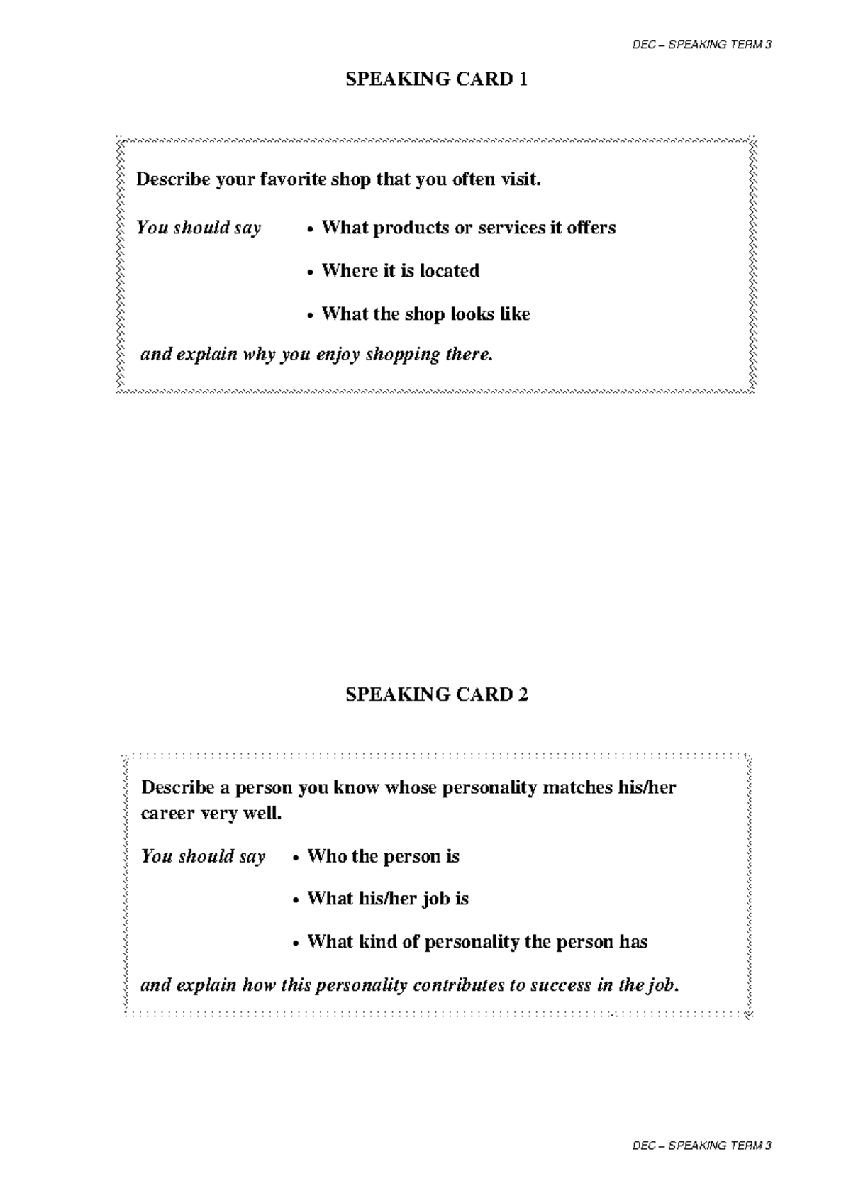 B2 SPEAKING TERM 3 - Topic Cards (Pathways) Ver 3 Final - Studocu