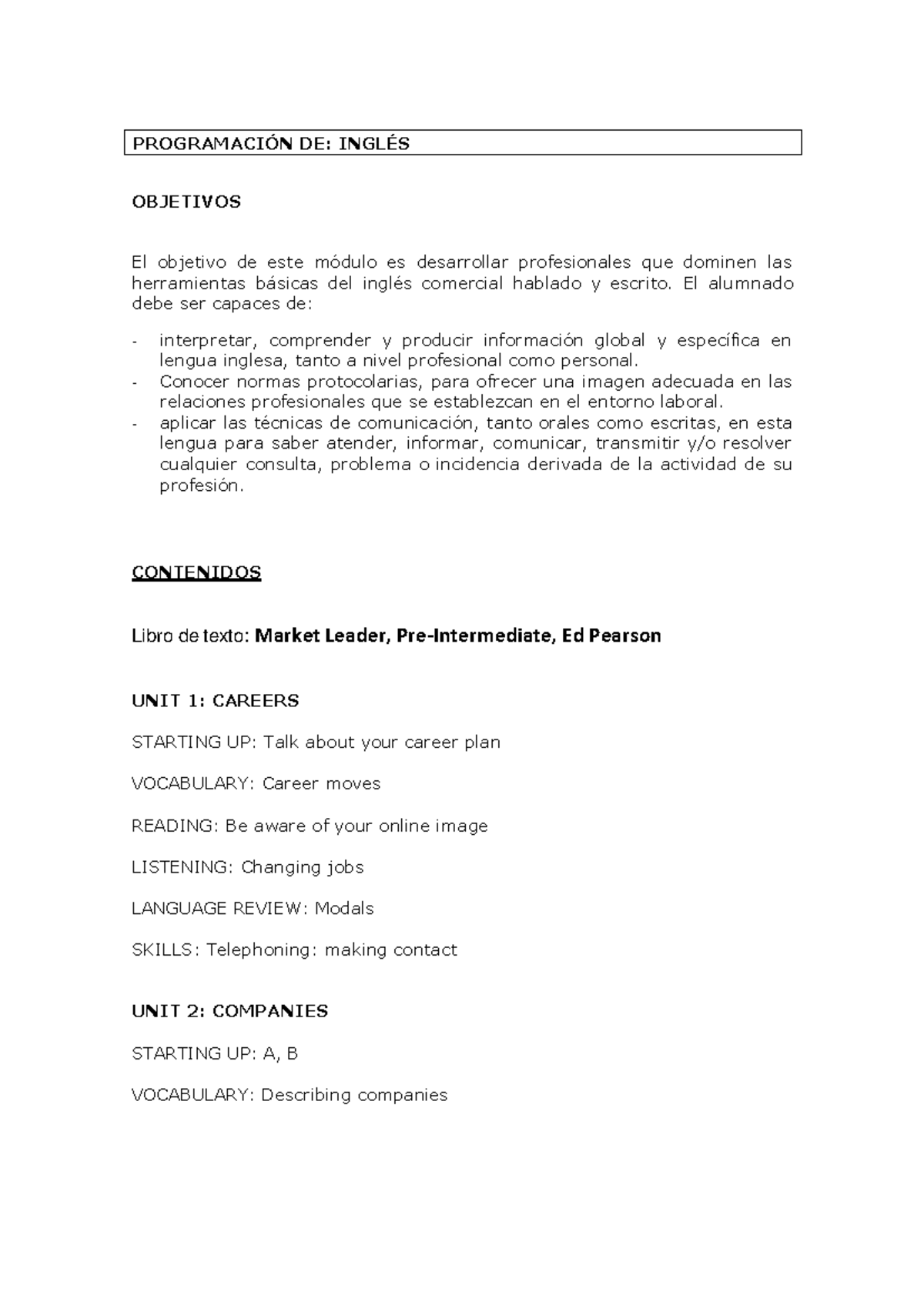 Programación de 1ª Lengua Extranjera: Inglés Comercial y Habilidades ...